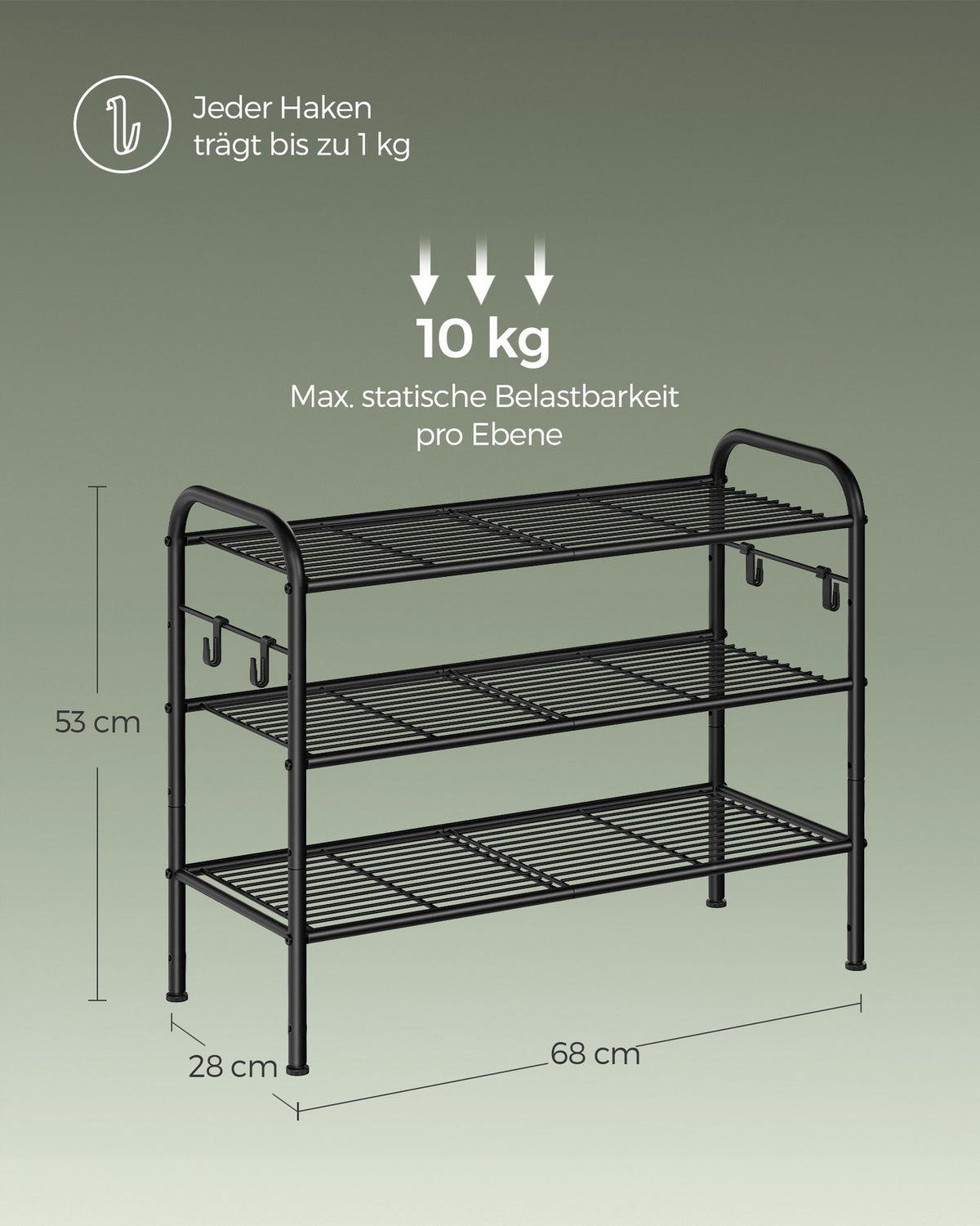 Metalowa półka na buty 3 poziomy z hakami czarna