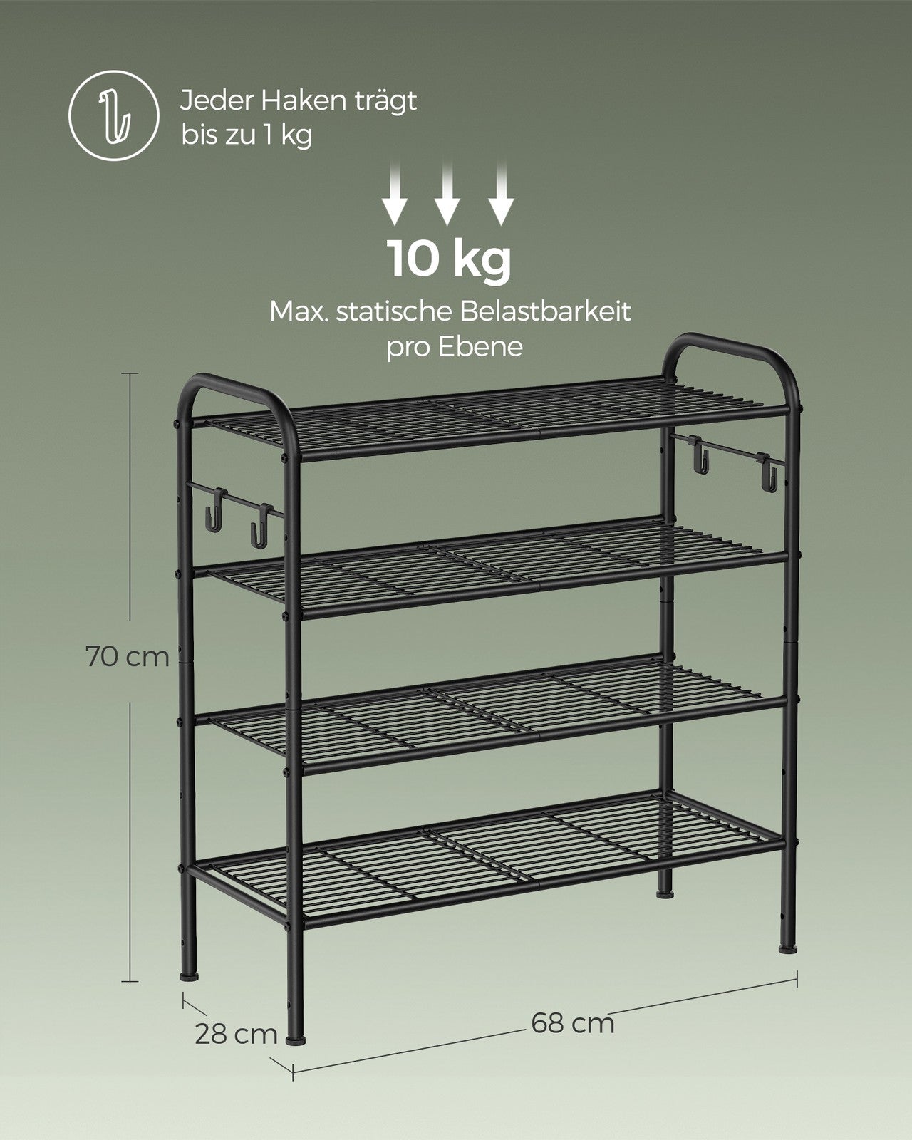 Metalowa półka na buty z 4 półkami i 4 hakami