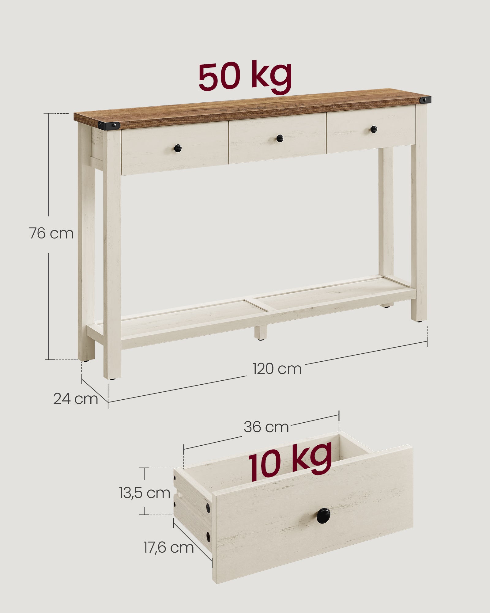 Stolik pomocniczy, rustic white, 120 cm
