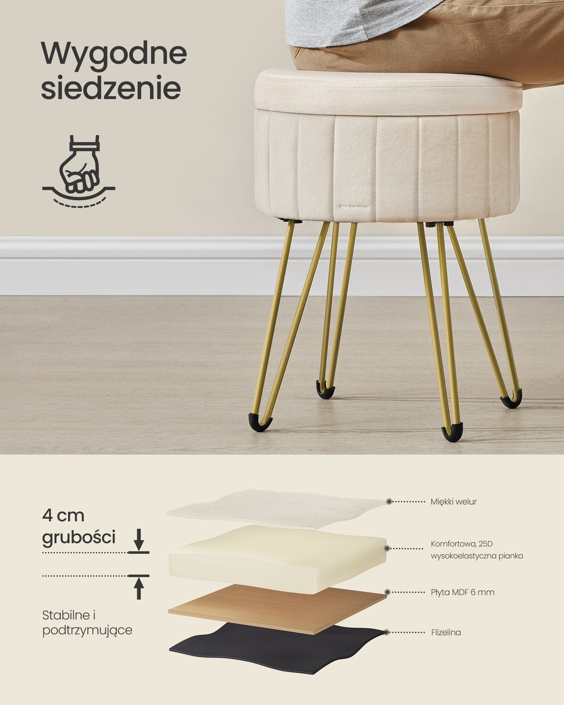Stołek okrągły z aksamitnym siedziskiem i schowkiem 39 cm