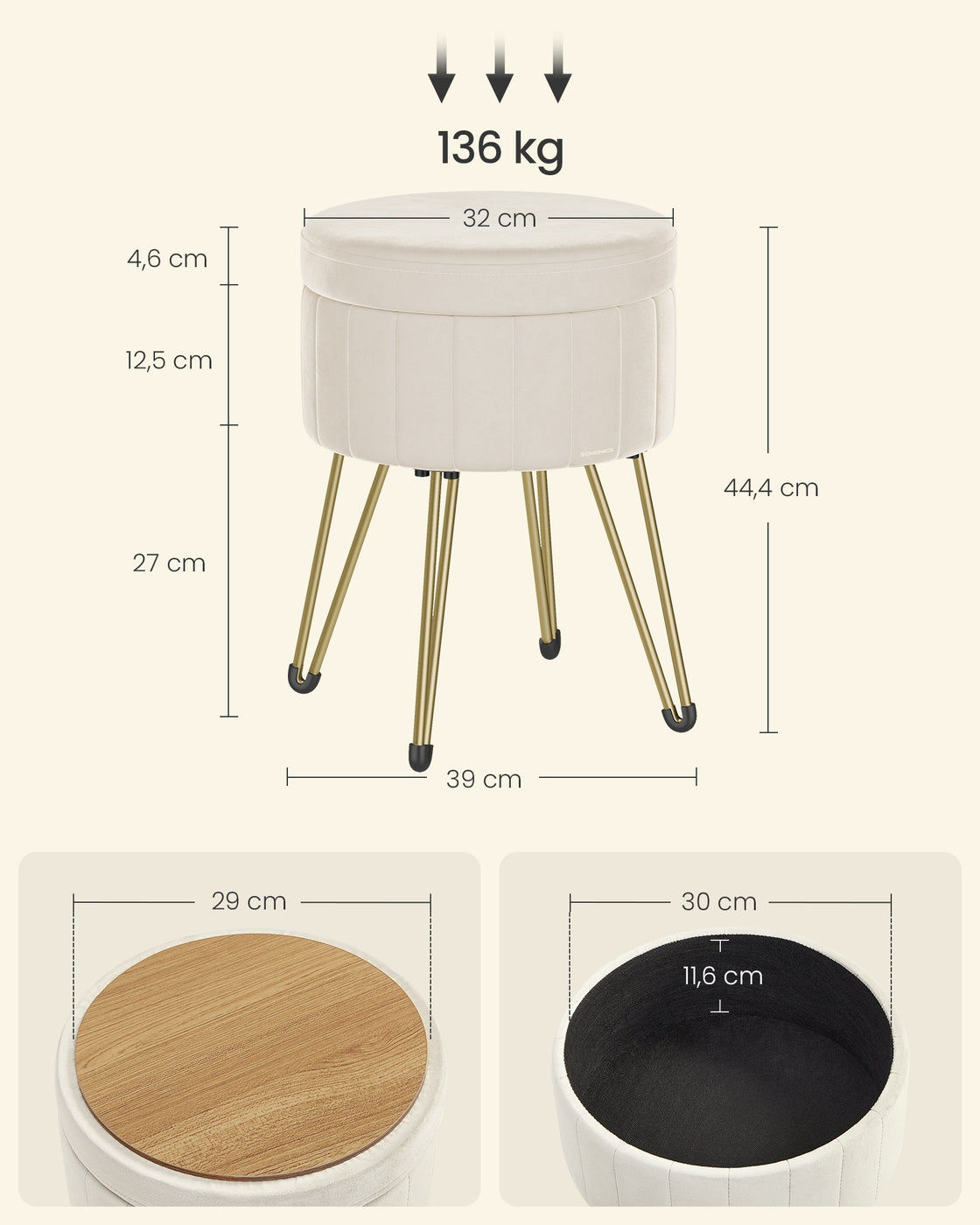 Stołek okrągły z aksamitnym siedziskiem i schowkiem 39 cm