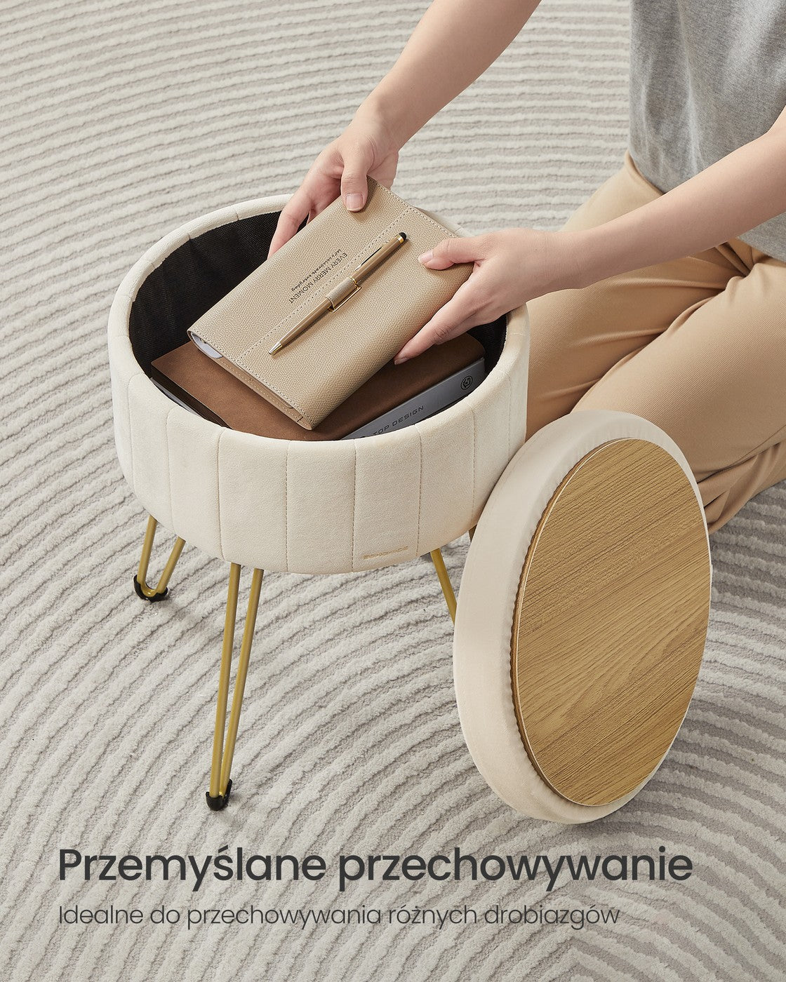 Stołek okrągły z aksamitnym siedziskiem i schowkiem 39 cm