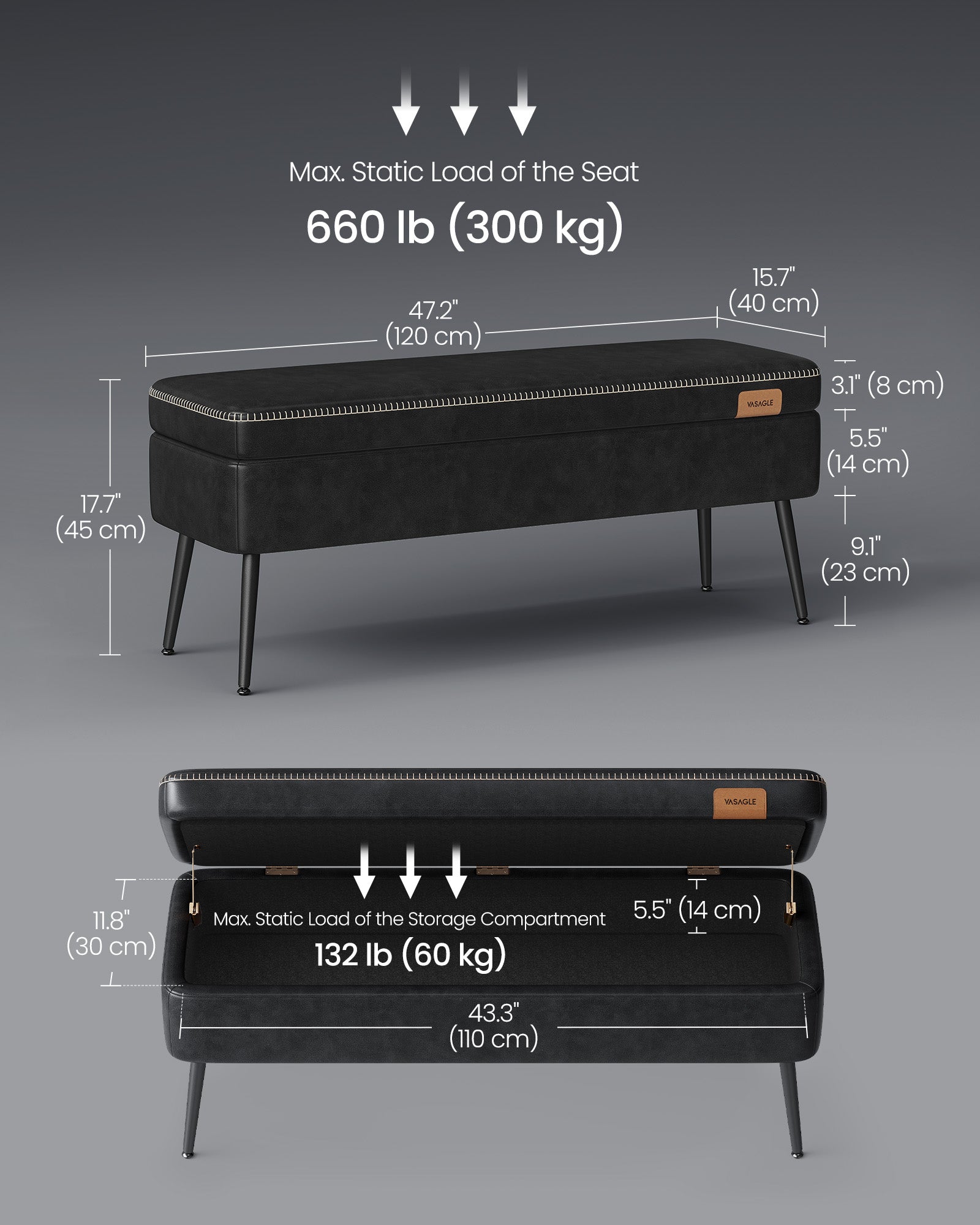 Pufa ze schowkiem, czarny, 120 cm