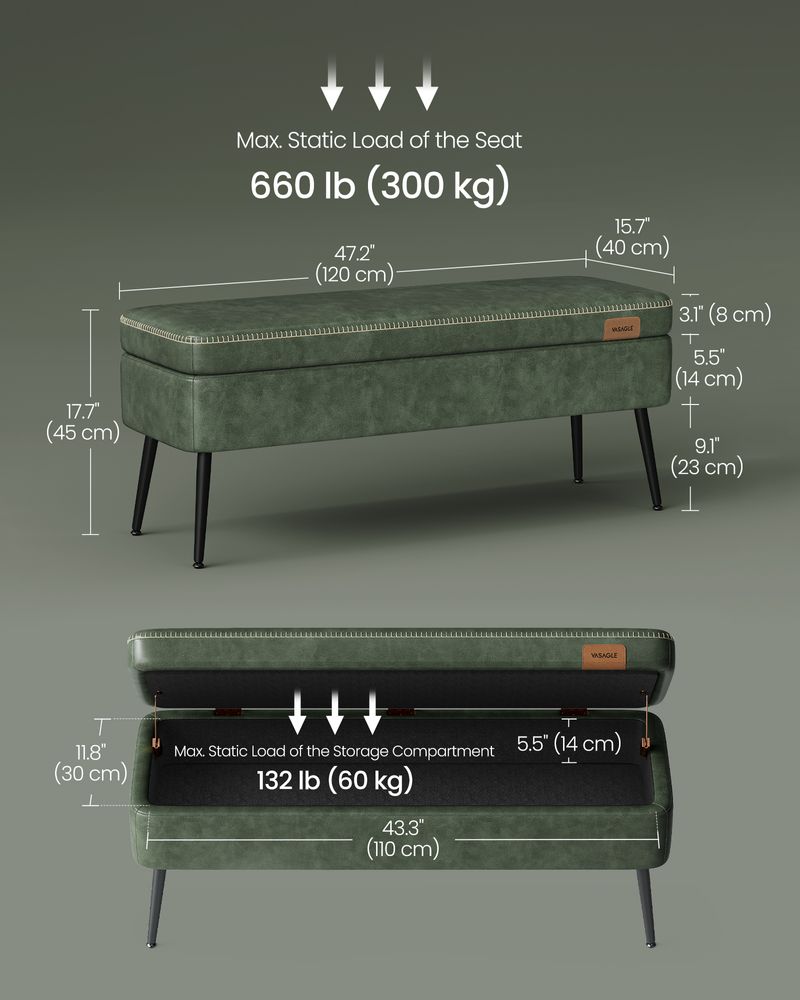 Pufa ze schowkiem, zielony, 120 cm