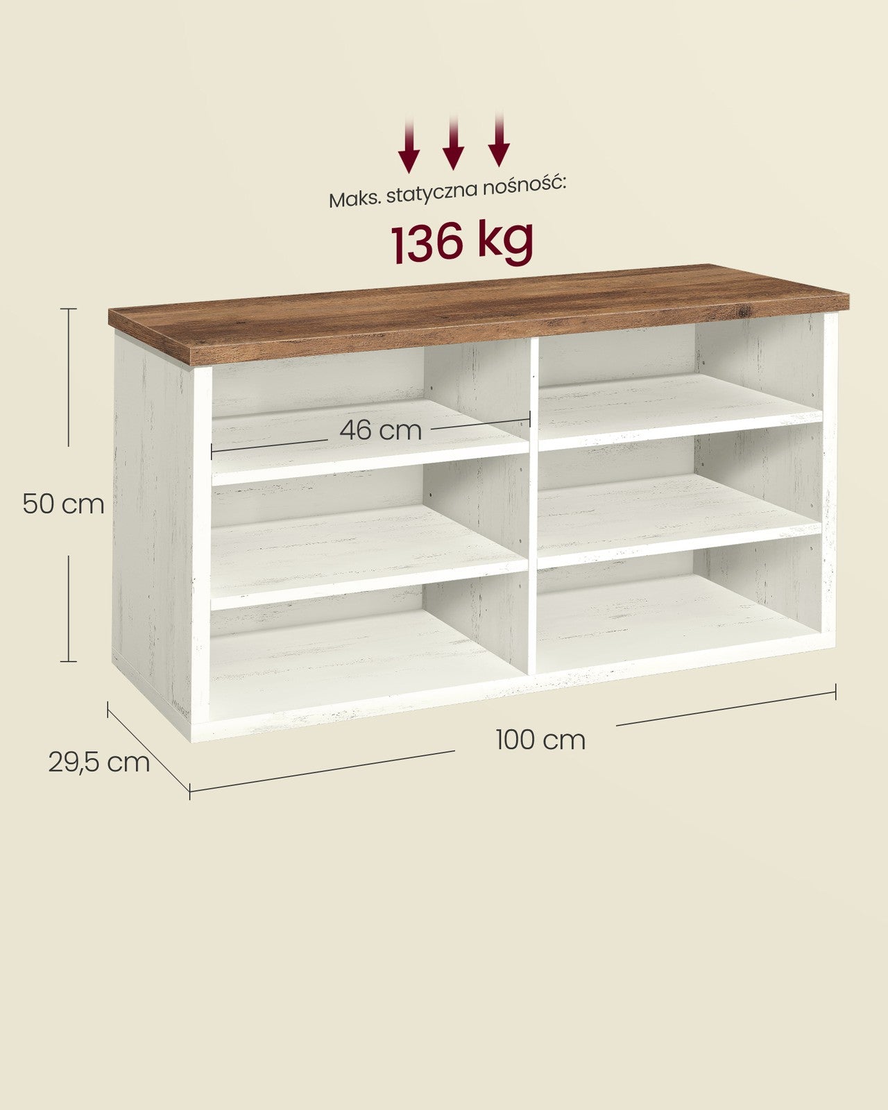 Ławka na buty z schowkiem 100x29,5x50 cm vintage biały miód