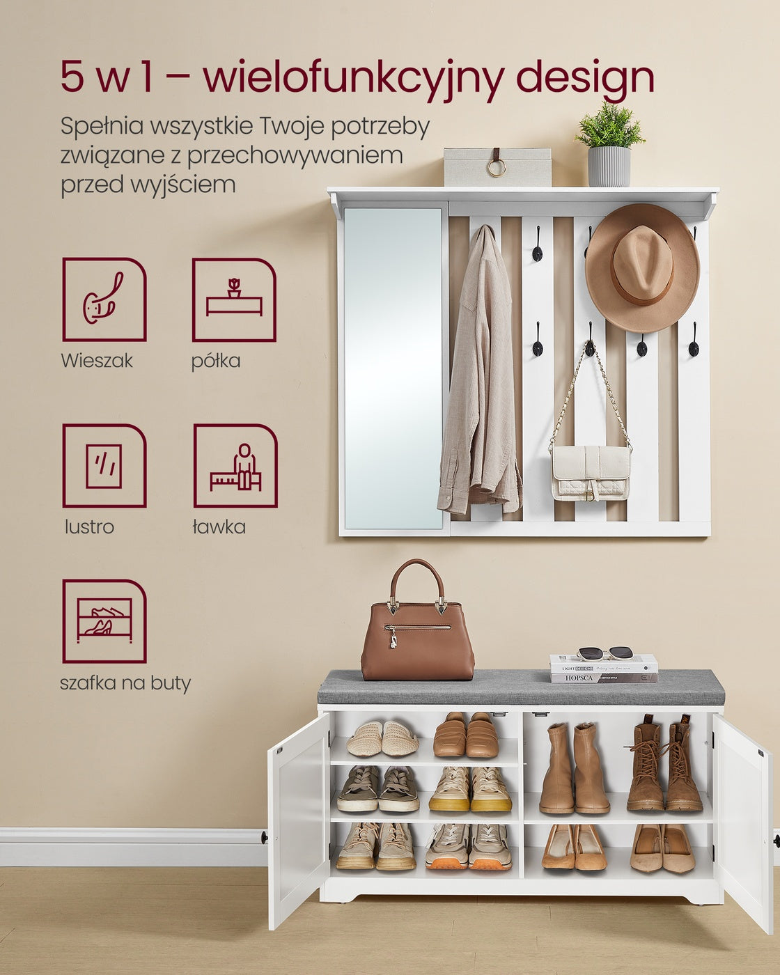 Zestaw garderoby z ławką i lustrem 101 cm biały