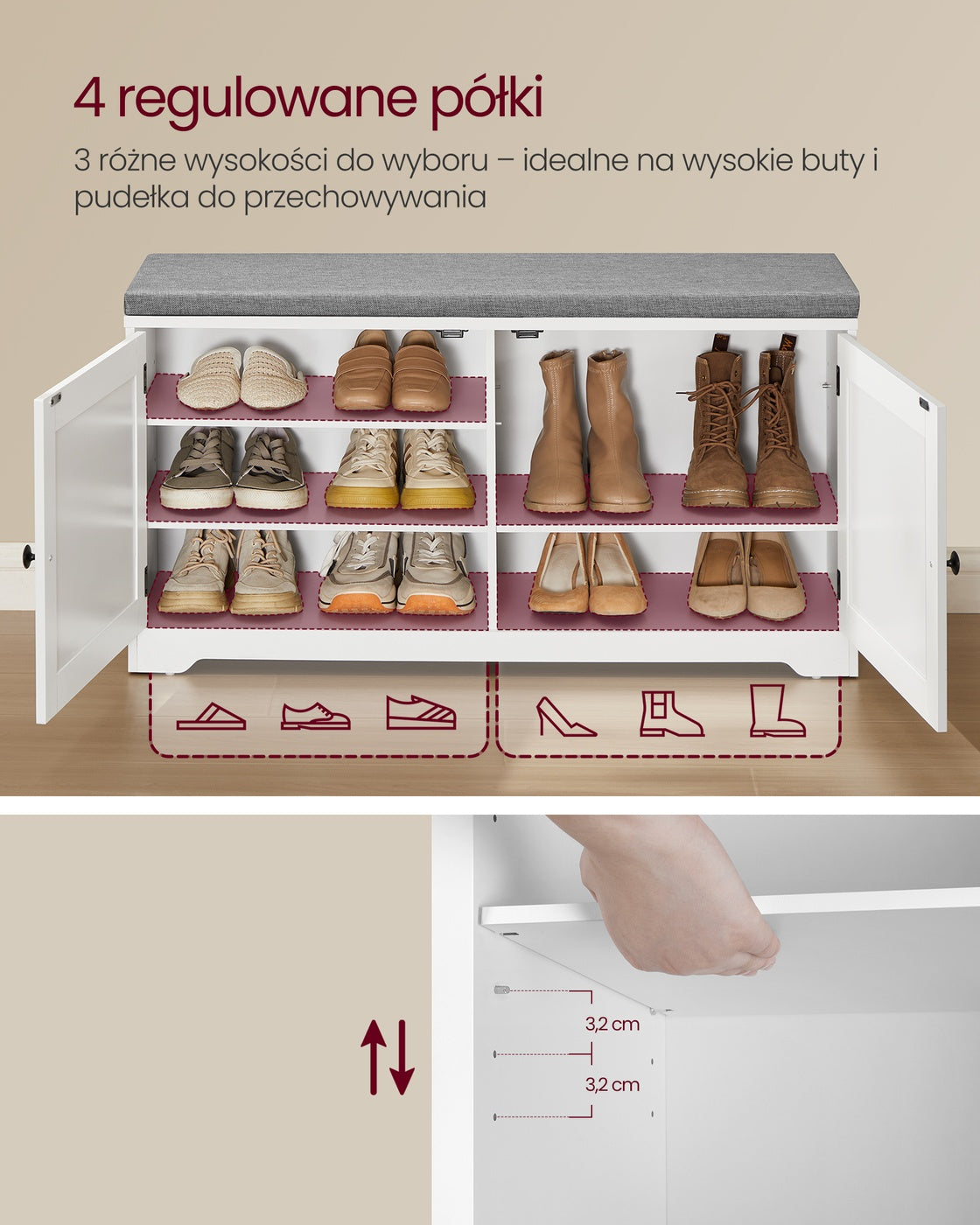 Zestaw garderoby z ławką i lustrem 101 cm biały