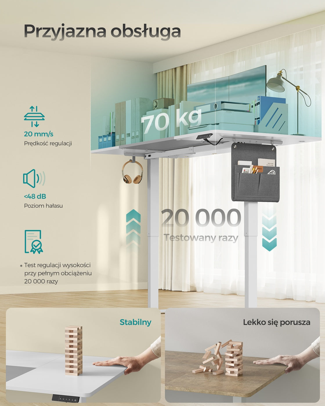 Elektryczne biurko regulowane 180×80 cm białe z szarym
