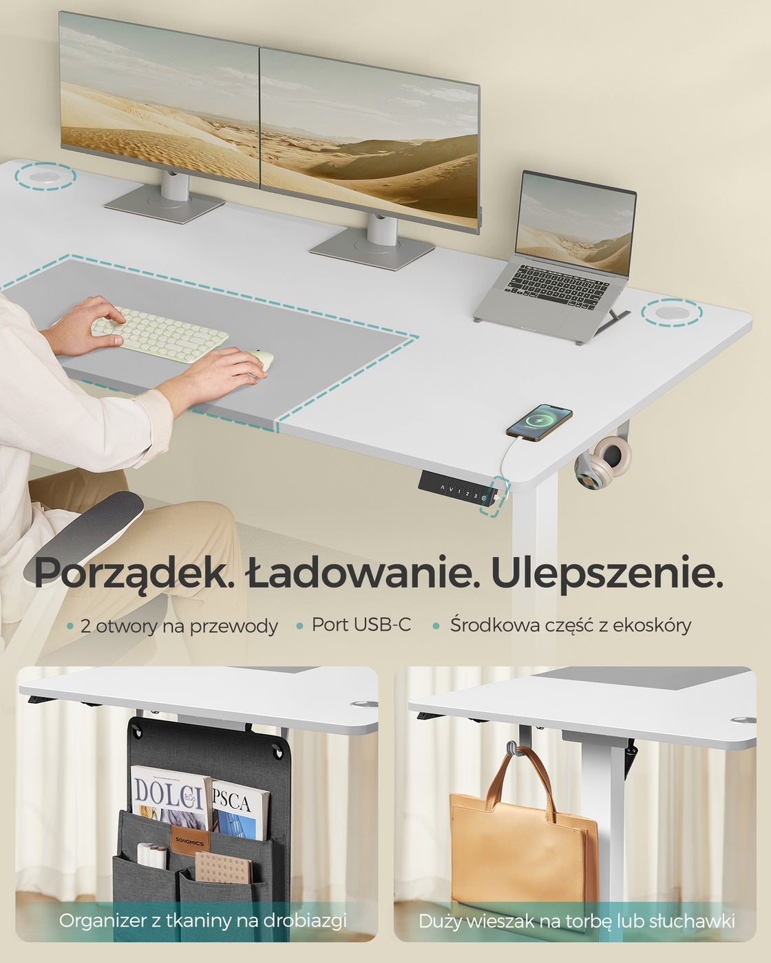 Elektryczne biurko regulowane 180×80 cm białe z szarym