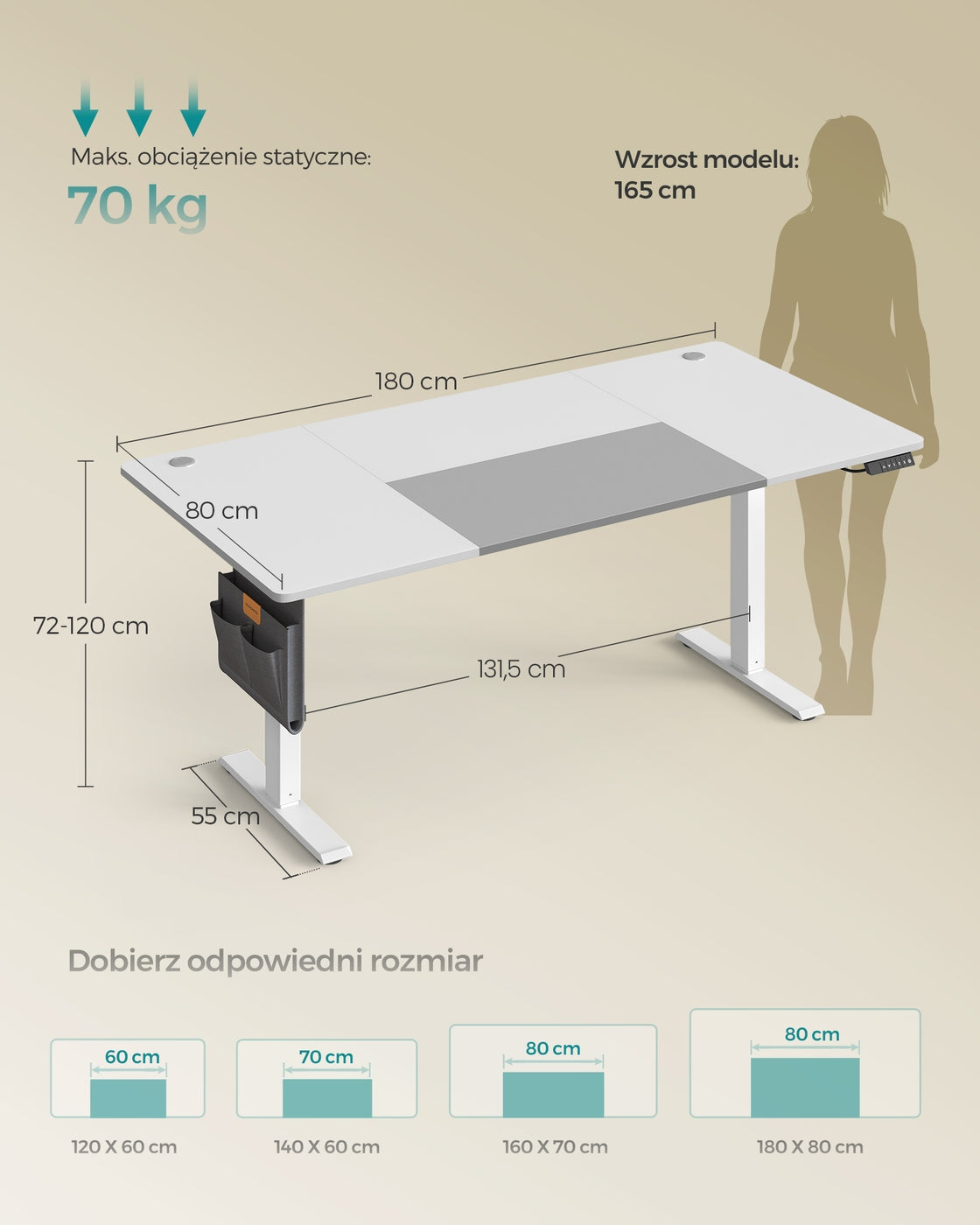 Elektryczne biurko regulowane 180×80 cm białe z szarym