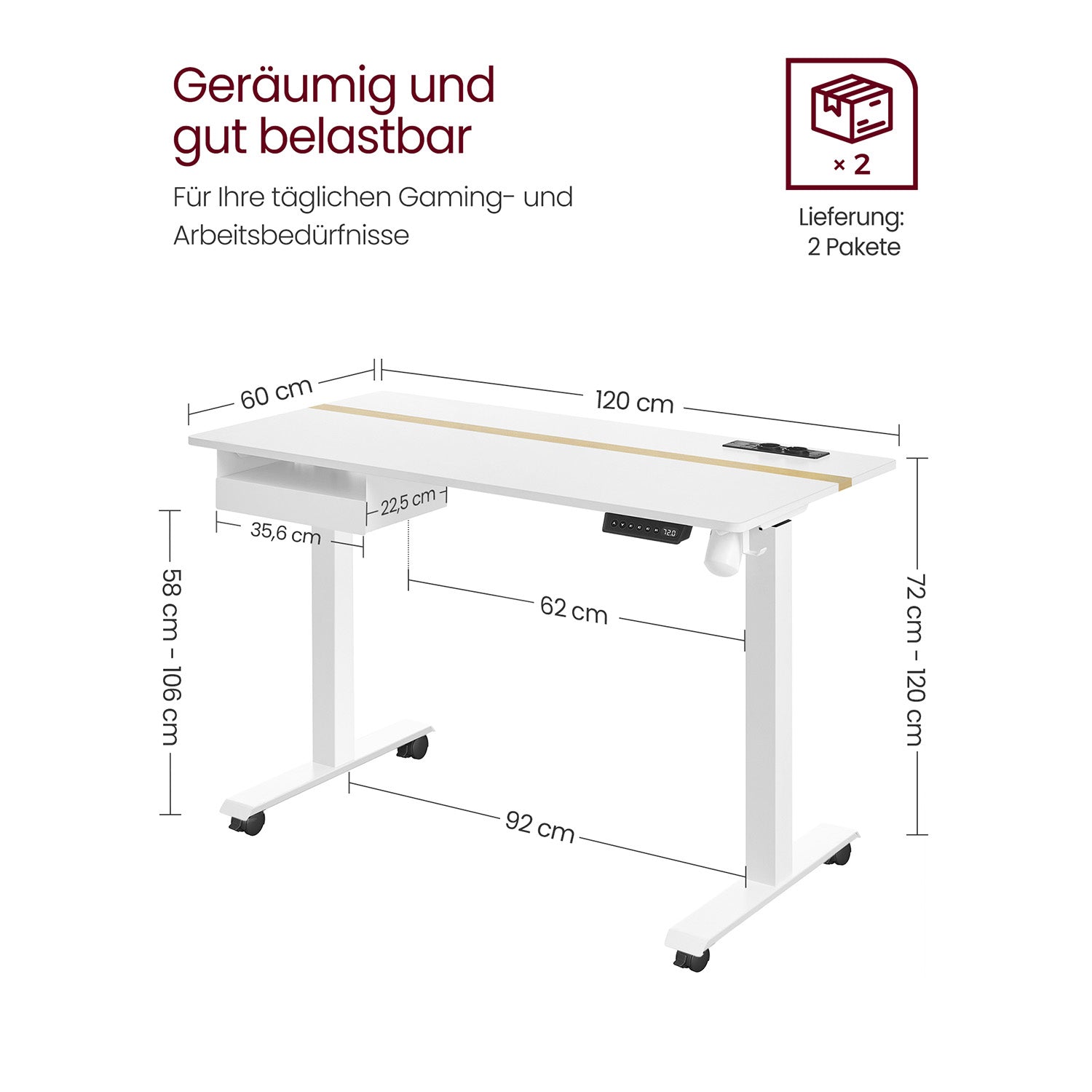Biurko regulowane elektrycznie 60x120 cm białe