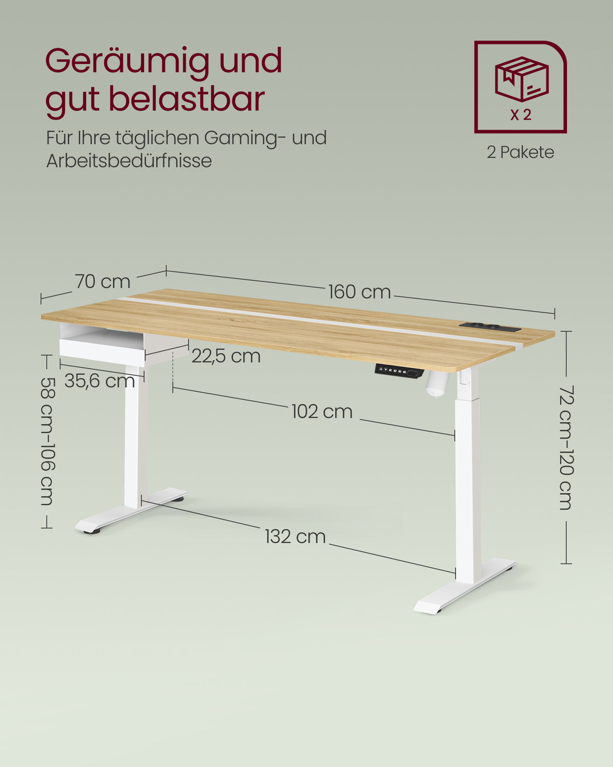 Regulowane biurko z szufladą i gniazdkiem 70x160 cm