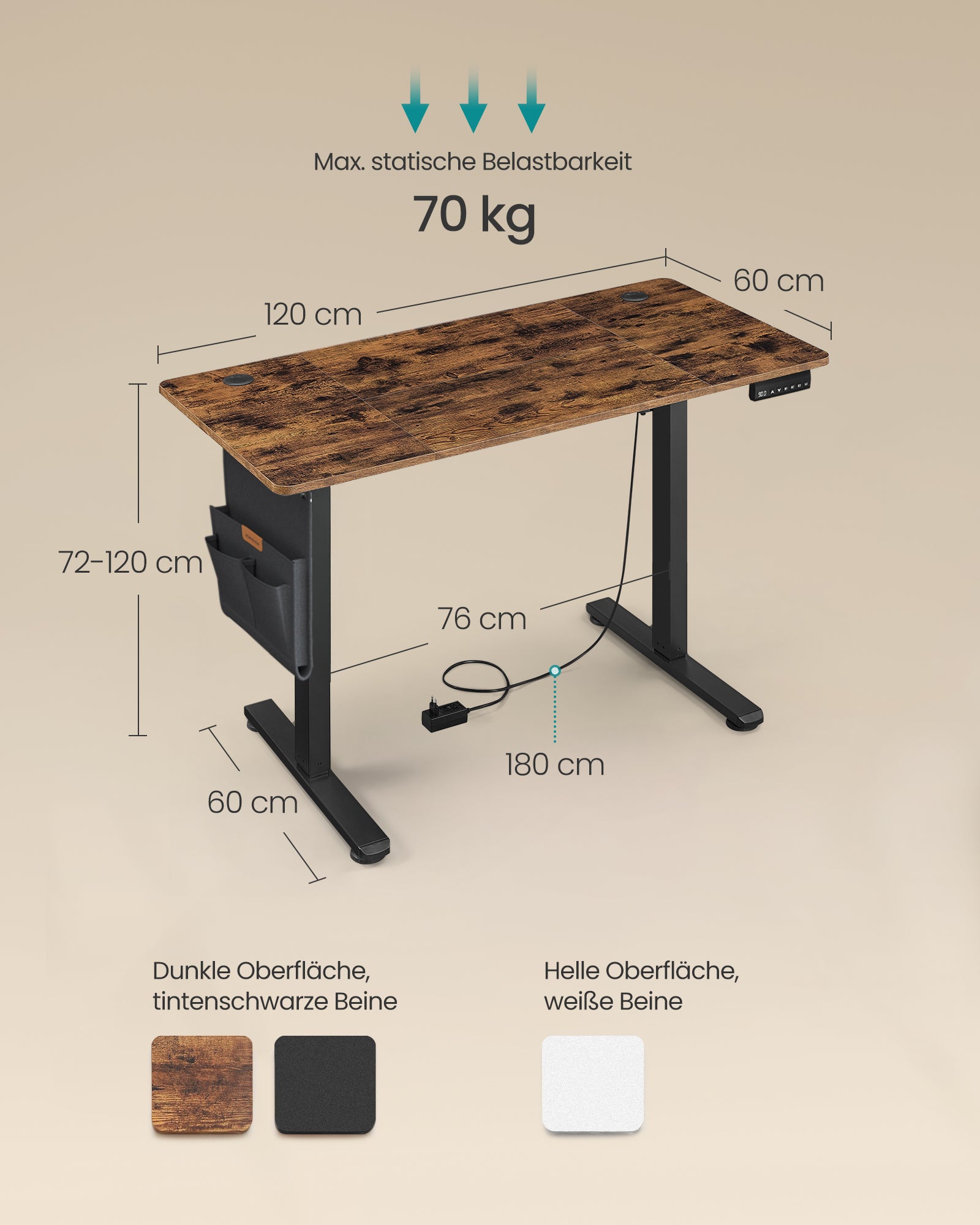 Biurko z regulacją wysokości, rustykalny brąz, 120 cm