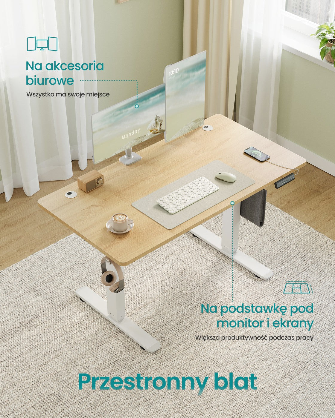 Elektryczne biurko regulowane 120×60 cm złoty dąb