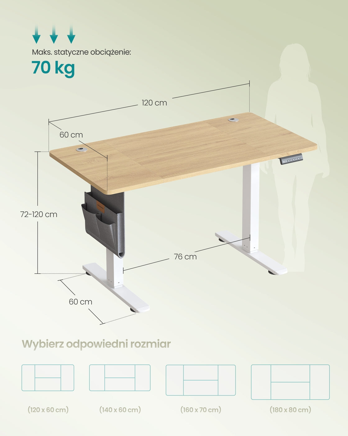 Elektryczne biurko regulowane 120×60 cm złoty dąb