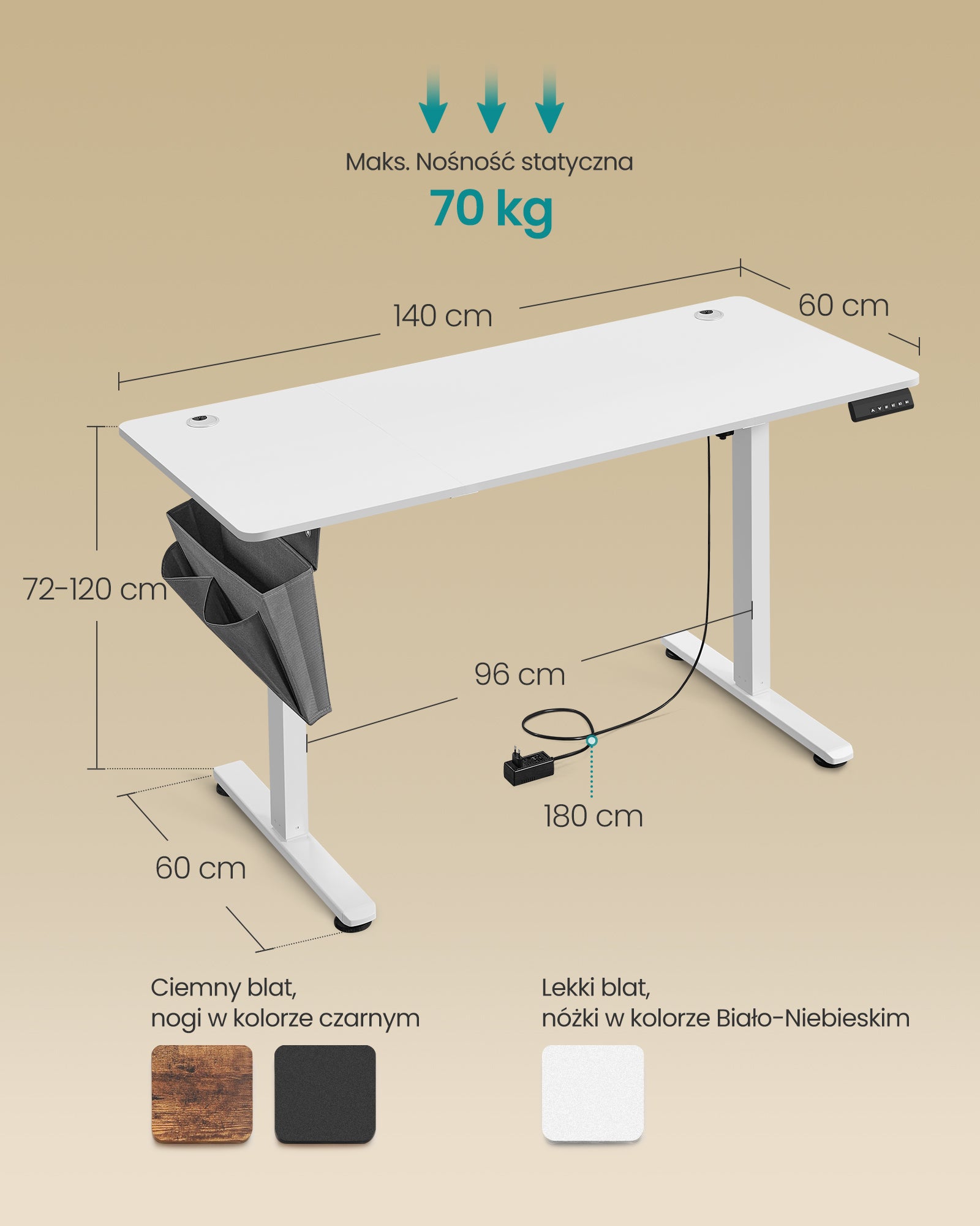 Elektryczne biurko regulowane 140x60 cm białe