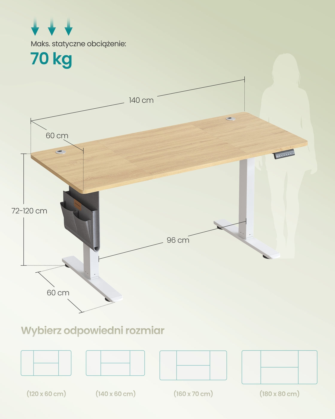 Elektryczne biurko regulowane 140x60 cm złoty dąb