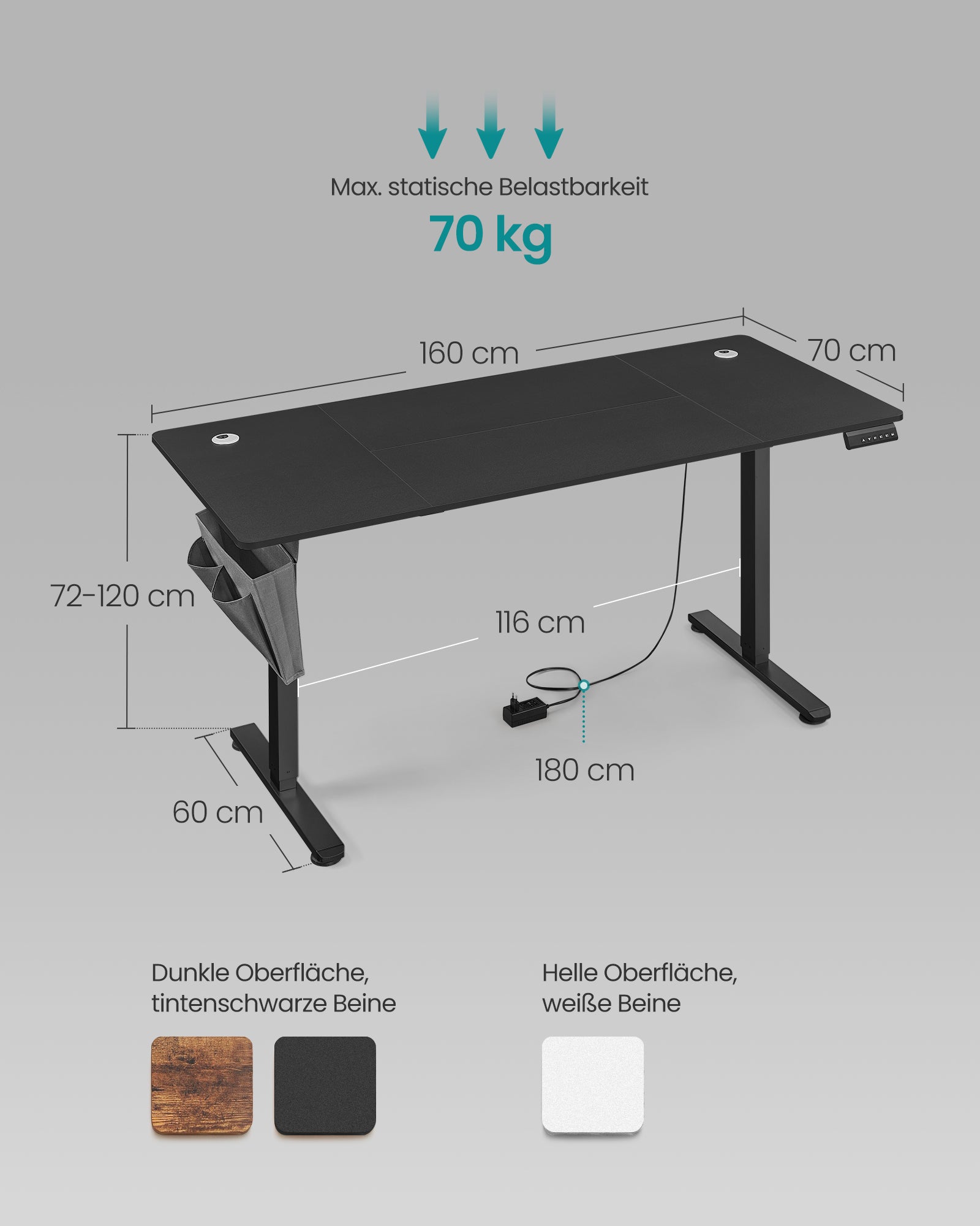 Elektryczne biurko regulowane 160×70 cm czarne