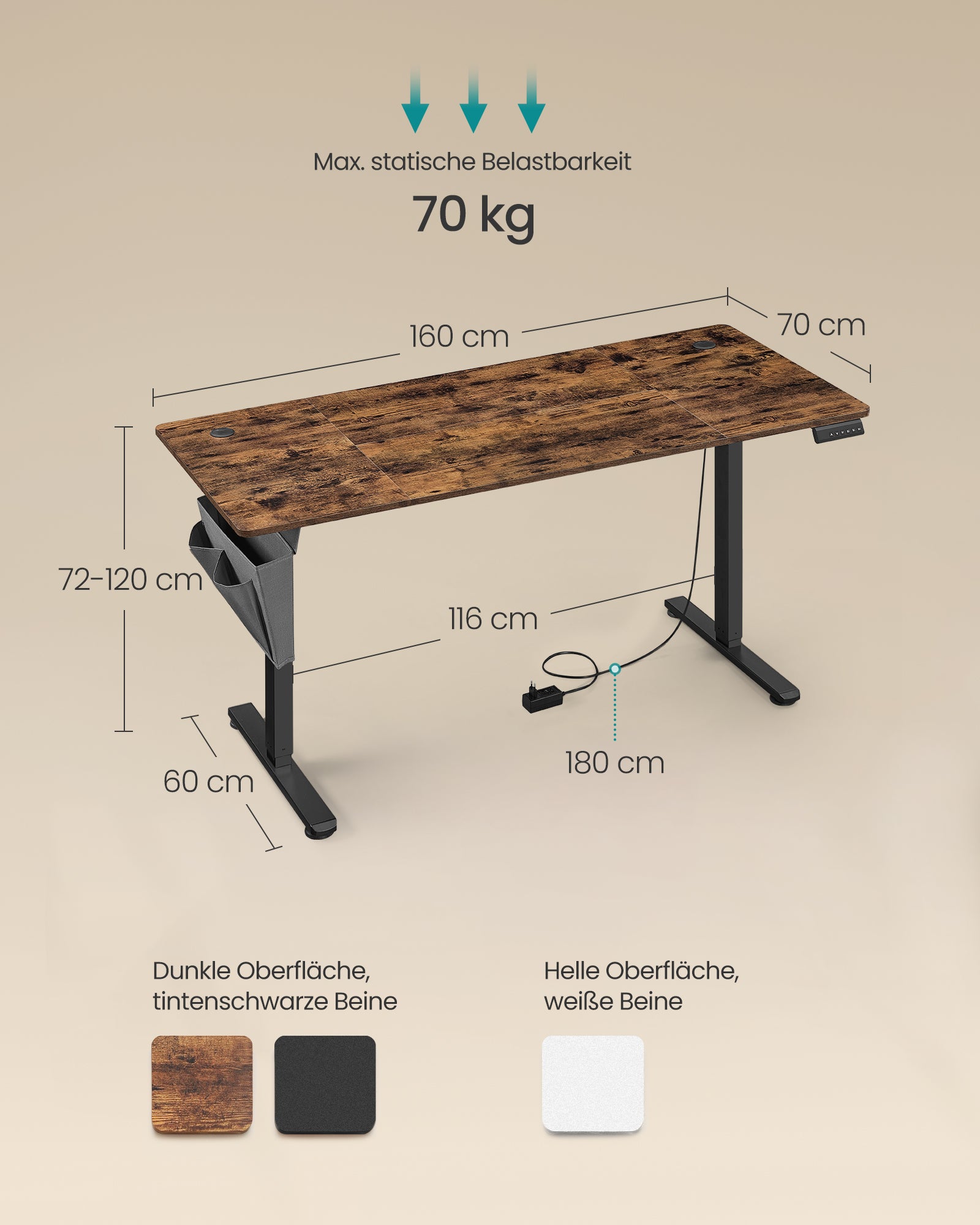 Elektryczne biurko z regulacją wysokości 70x160 cm