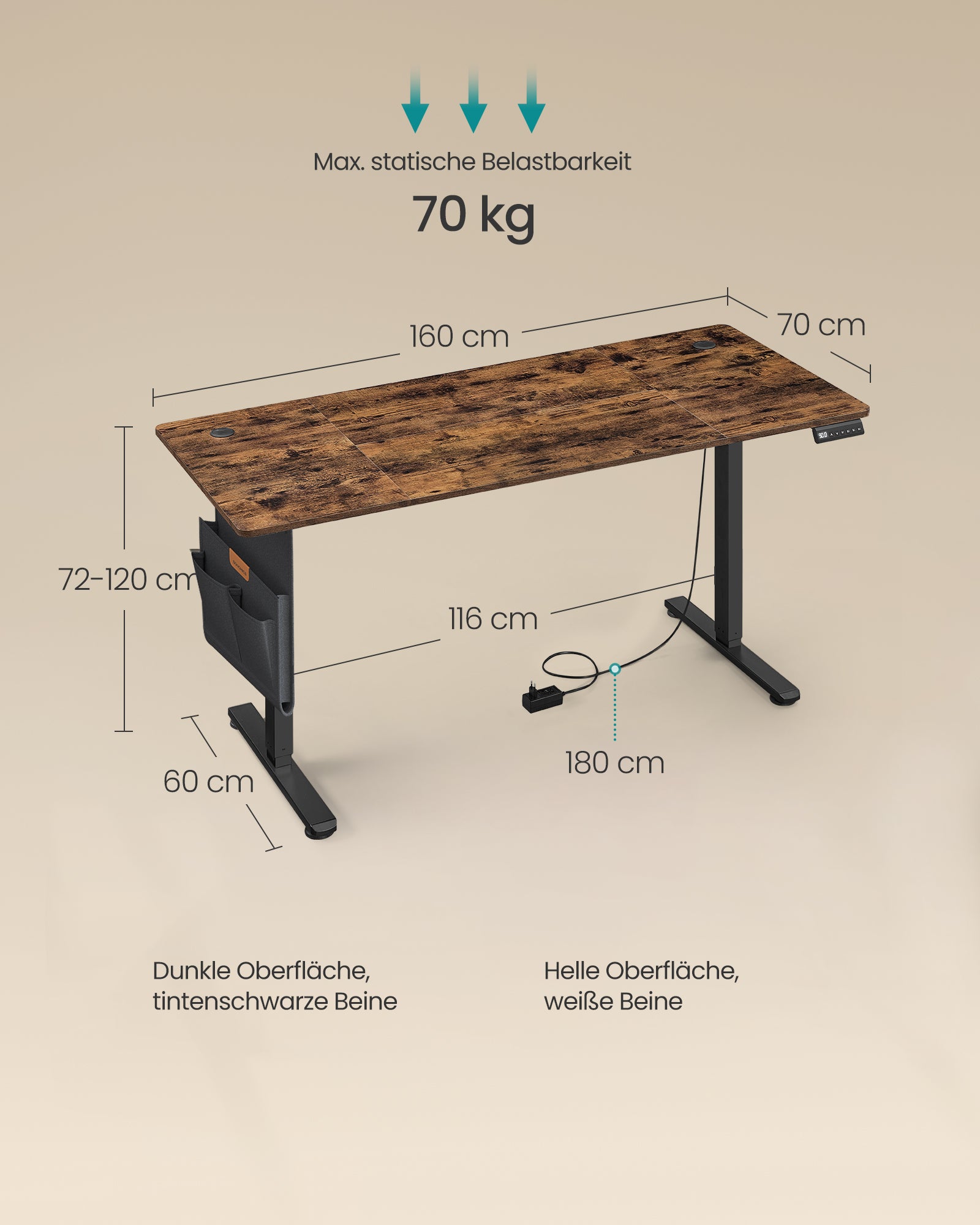Biurko z regulacją wysokości, rustykalny brąz, 160 cm
