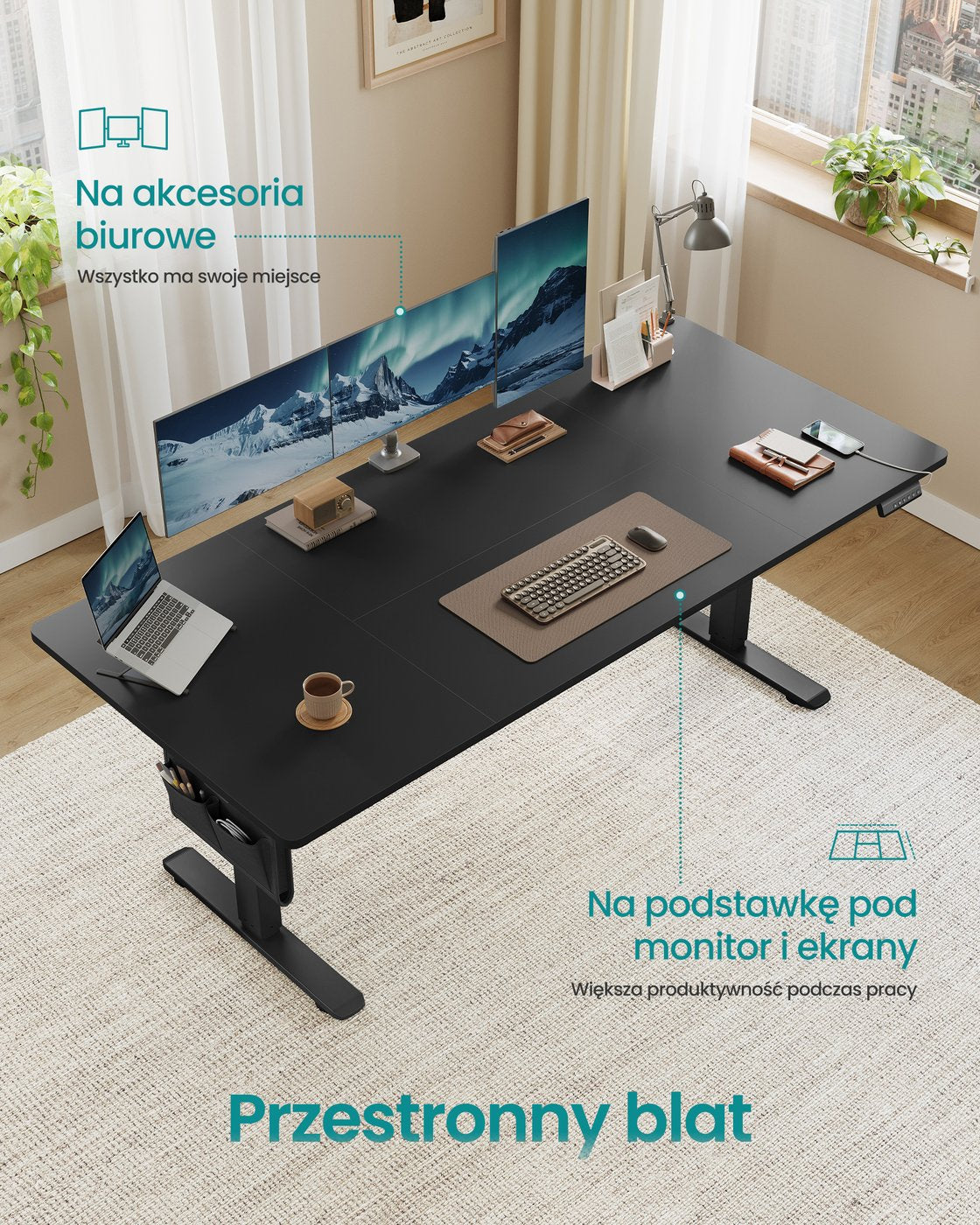 Elektryczne biurko regulowane 180×80 cm czarne