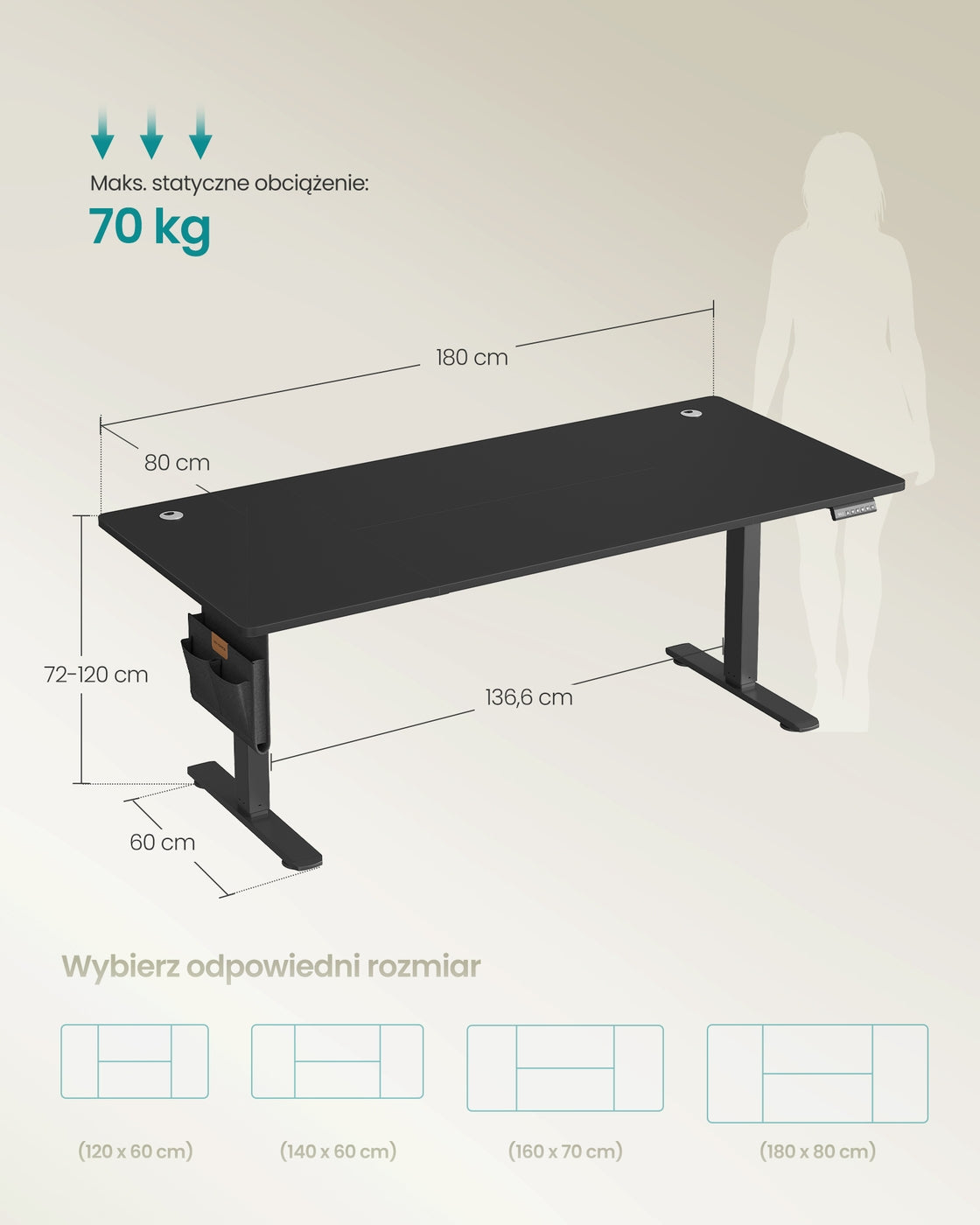 Elektryczne biurko regulowane 180×80 cm czarne