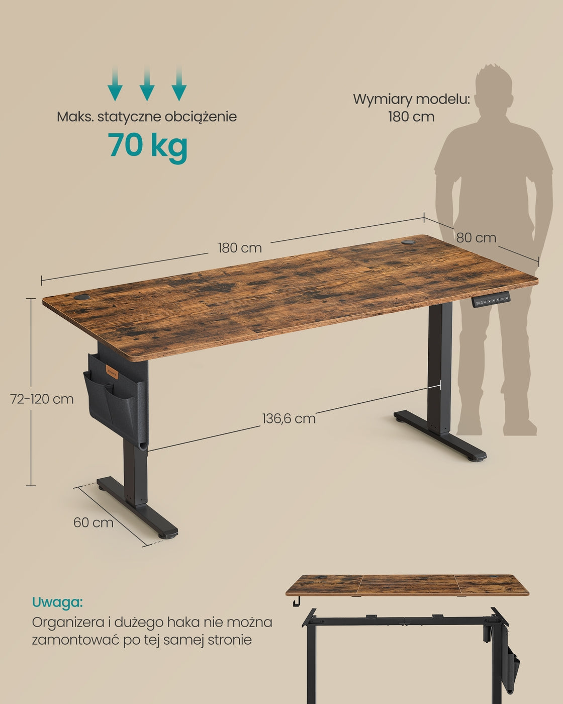 Elektryczne biurko regulowane 180x80 cm brązowe