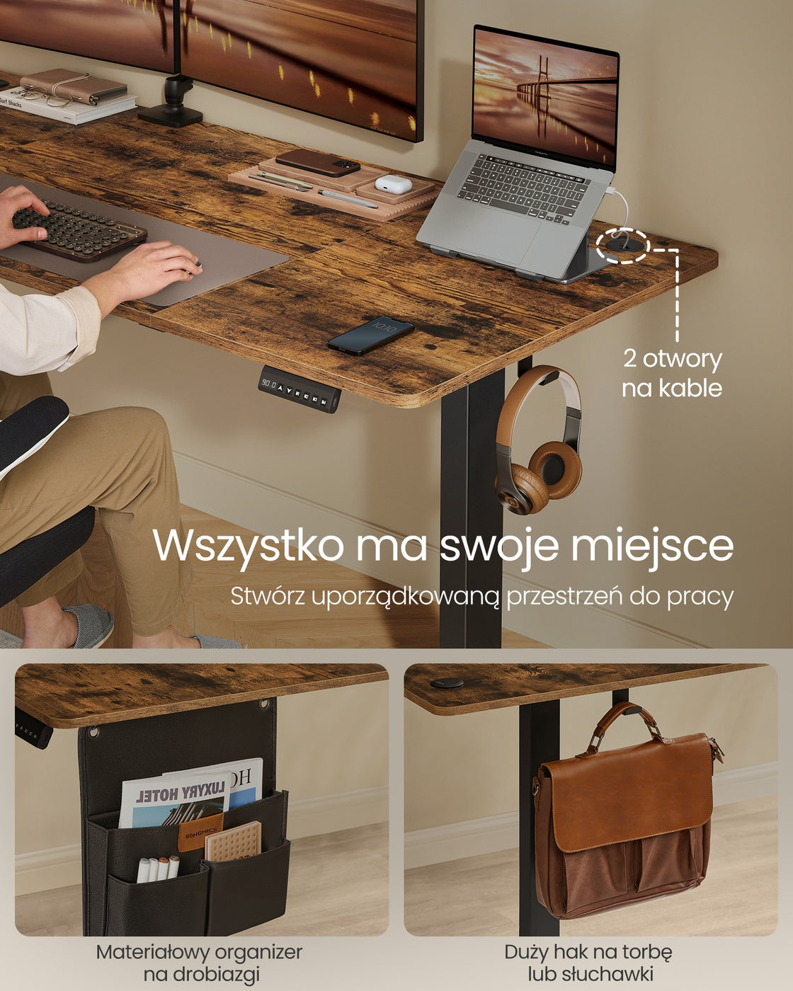Elektryczne biurko regulowane 180x80 cm brązowe