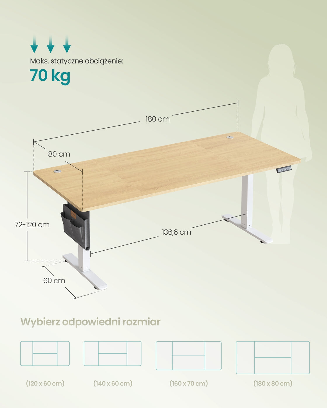 Biurko elektryczne regulowane 180x80 cm dąb złoty