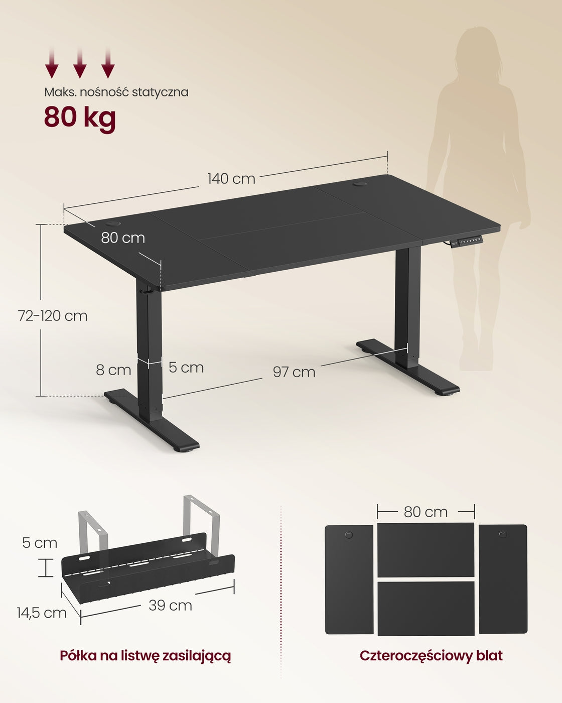 Biurko elektryczne z regulacją wysokości 140×80 cm czarne