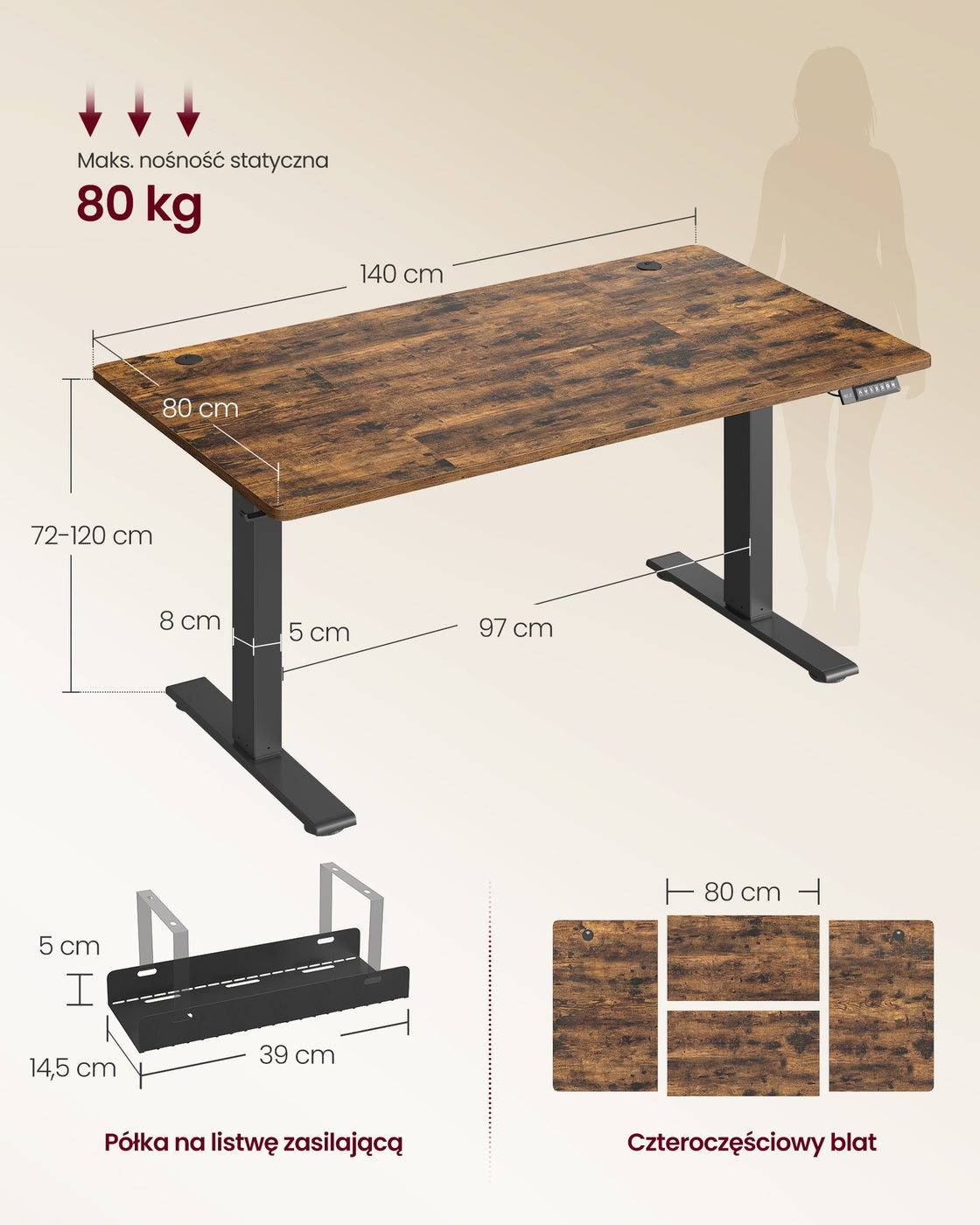 Regulowane biurko 140x80 cm w stylu vintage, brązowe