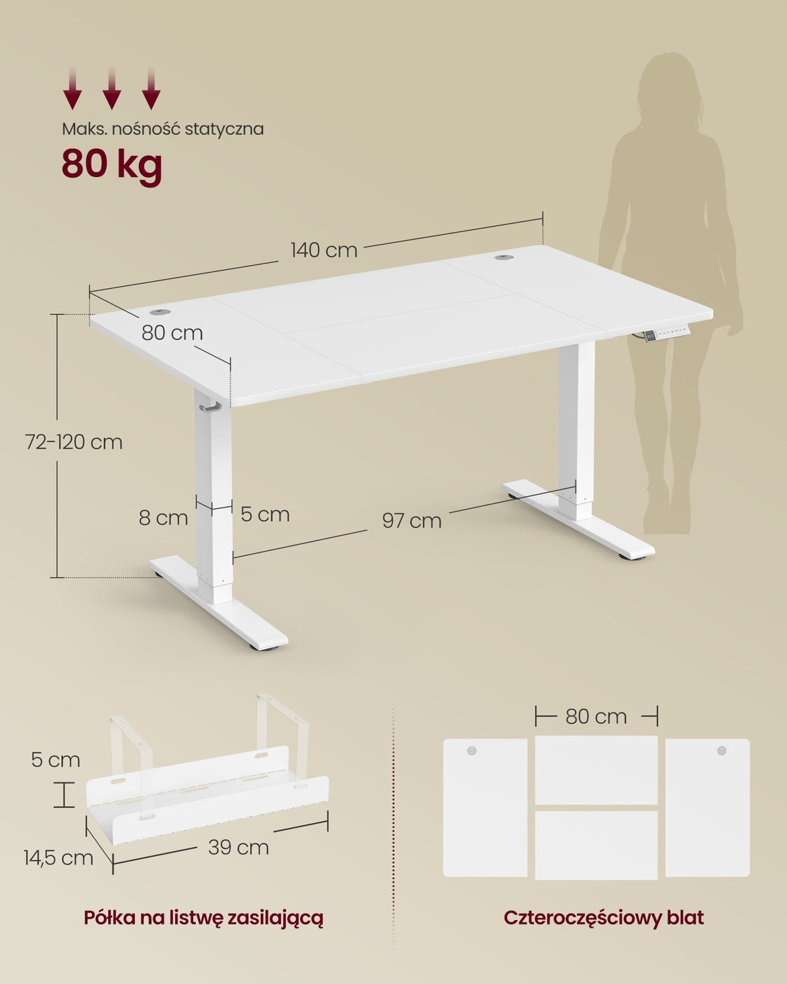 Regulowane biurko 140×80 cm białe