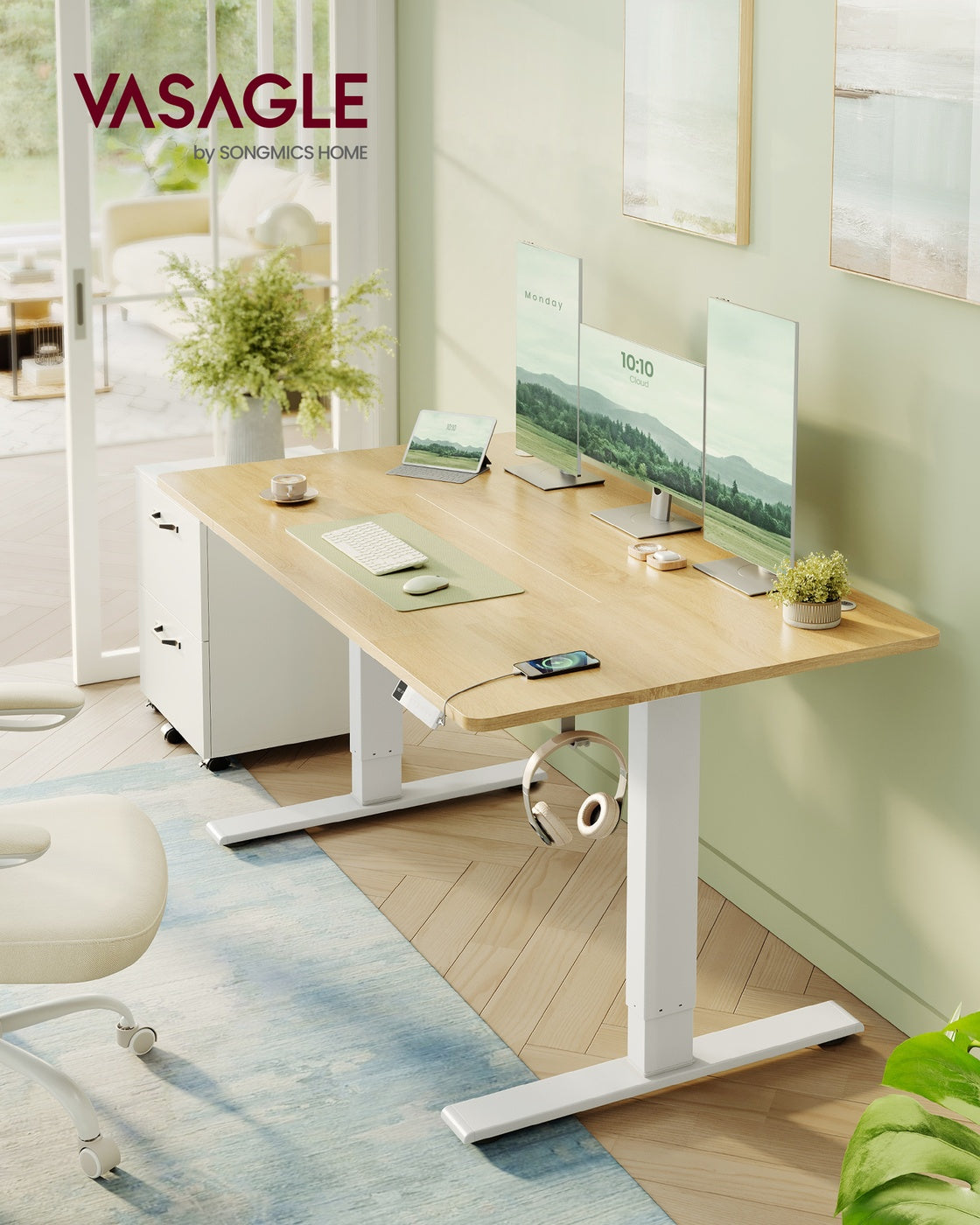 Regulowane biurko 140×80 cm z USB-C złoty dąb