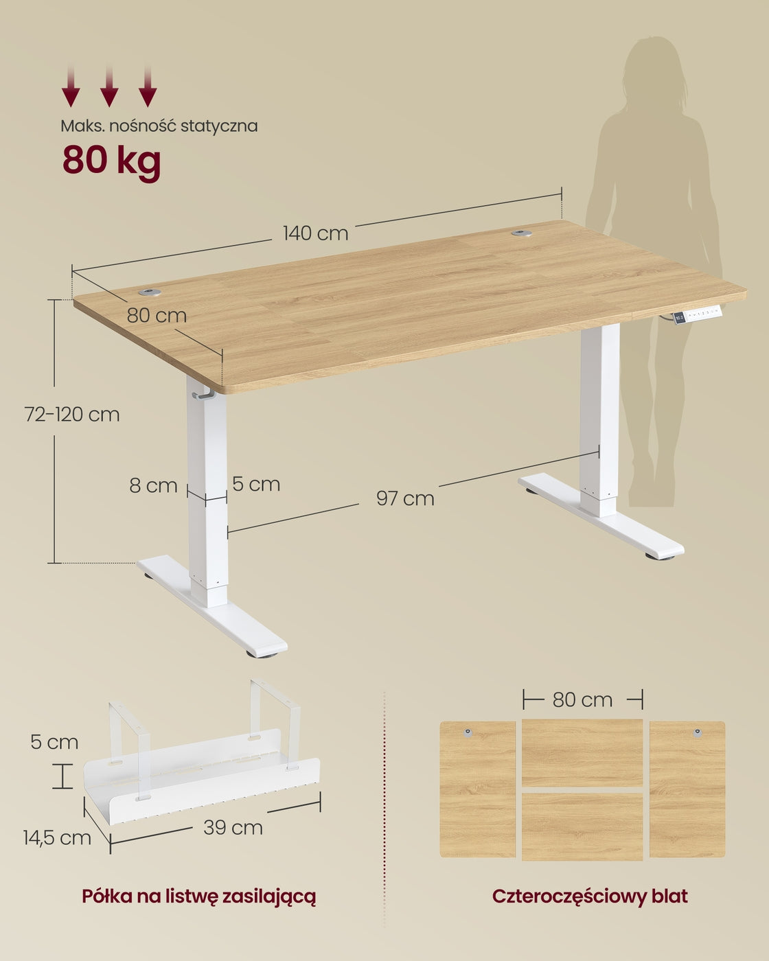 Regulowane biurko 140×80 cm z USB-C złoty dąb