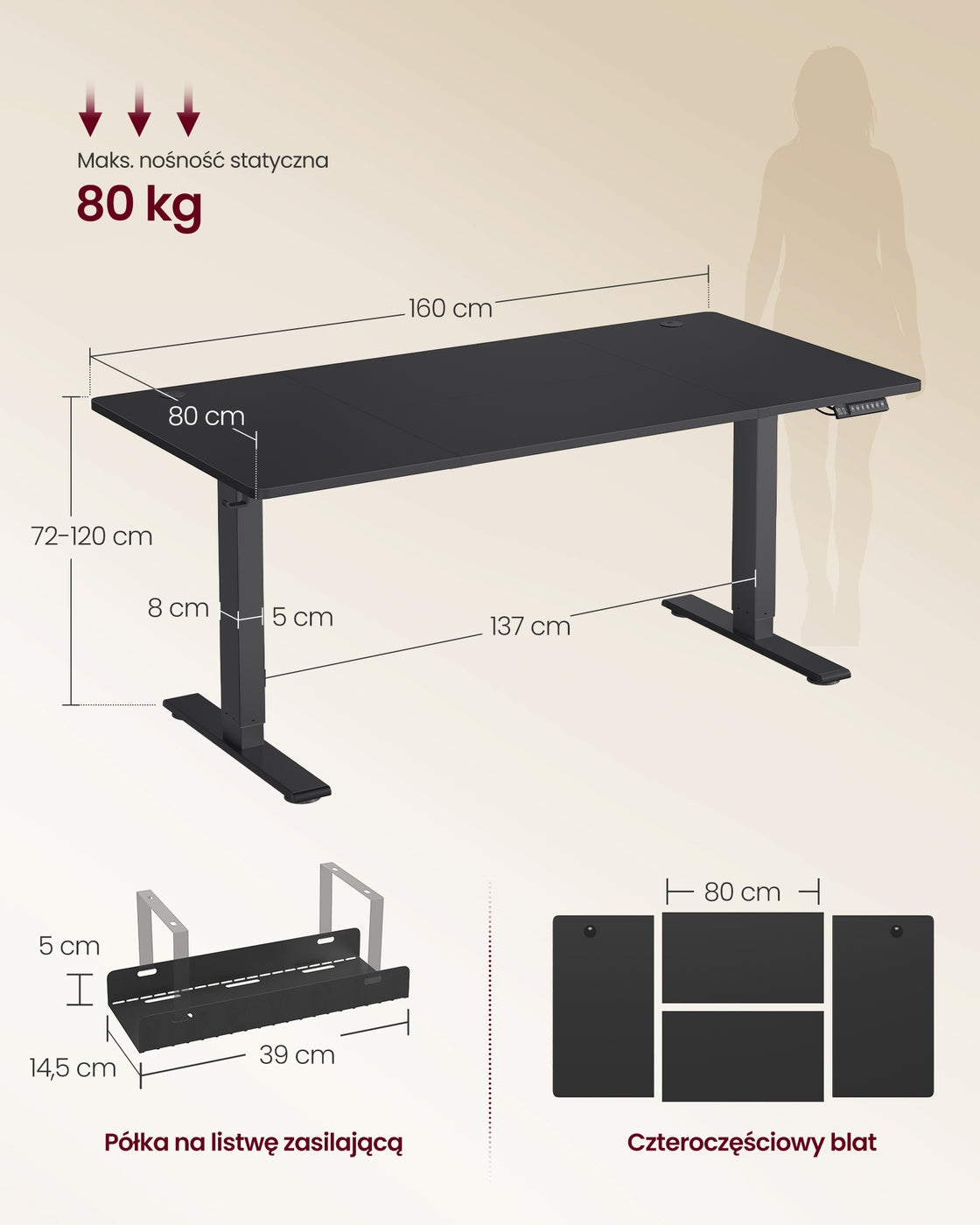 Regulowane biurko 160x80 cm czarne