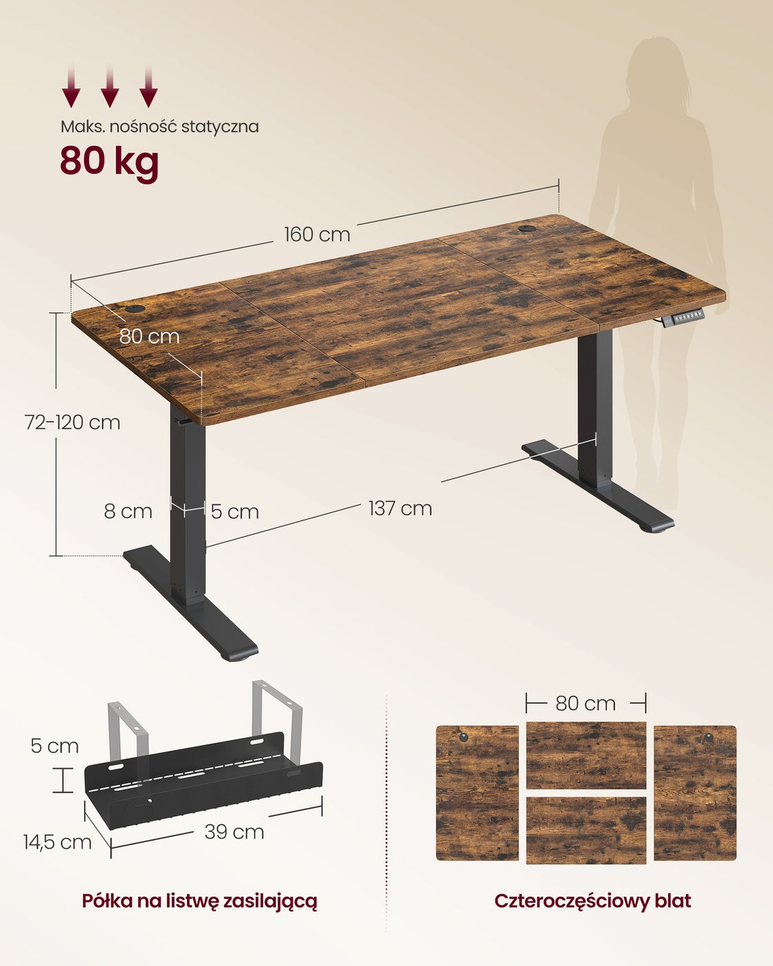 Regulowane biurko 160x80 cm brąz vintage