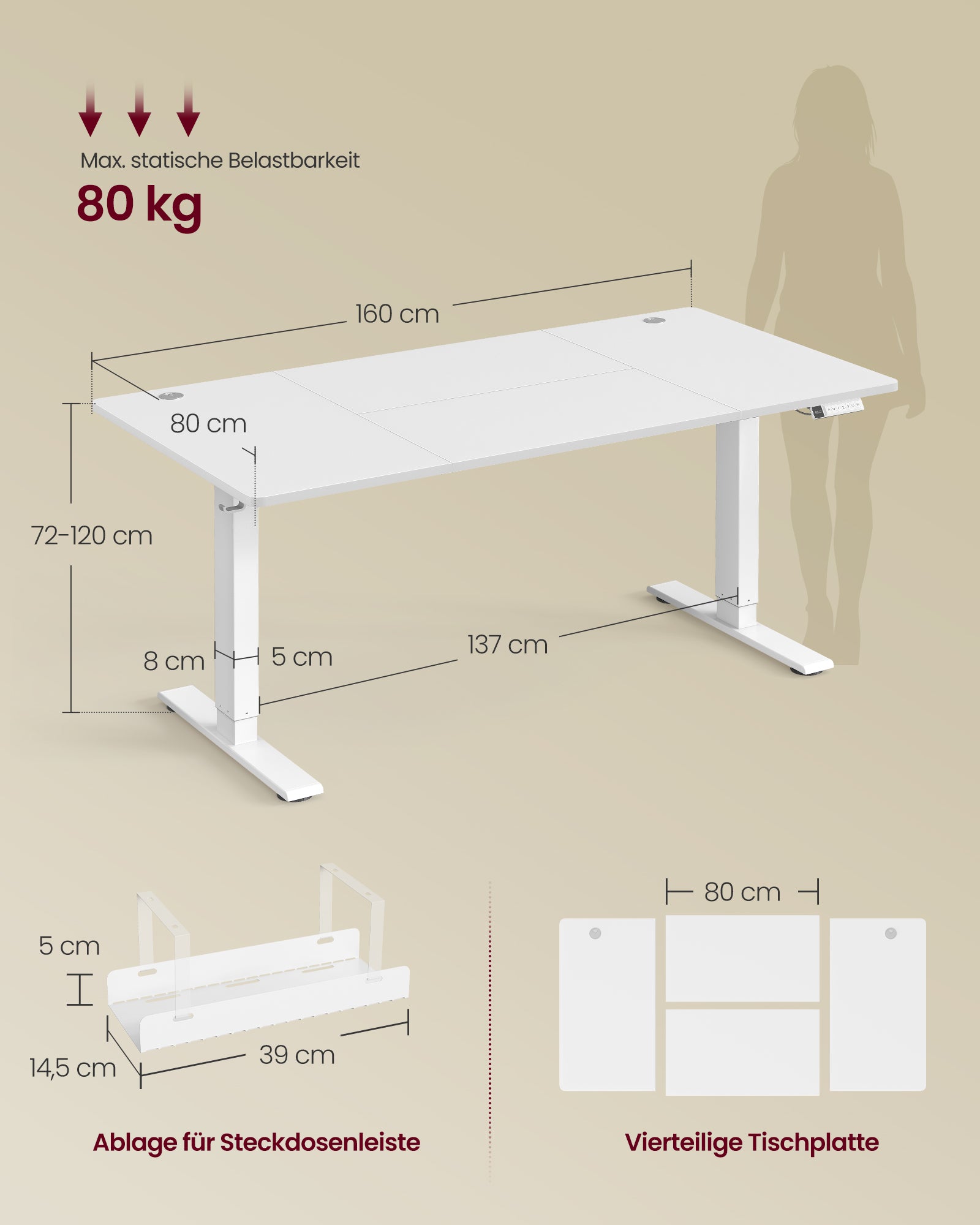 Biurko z regulacją wysokości, biały, 160 cm