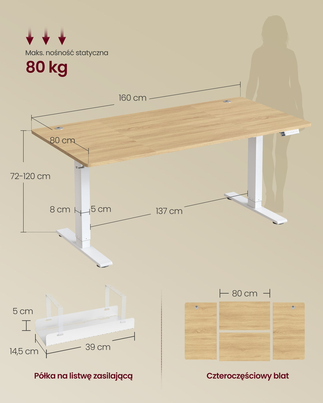 Biurko regulowane 160x80 cm z opcją podnoszenia