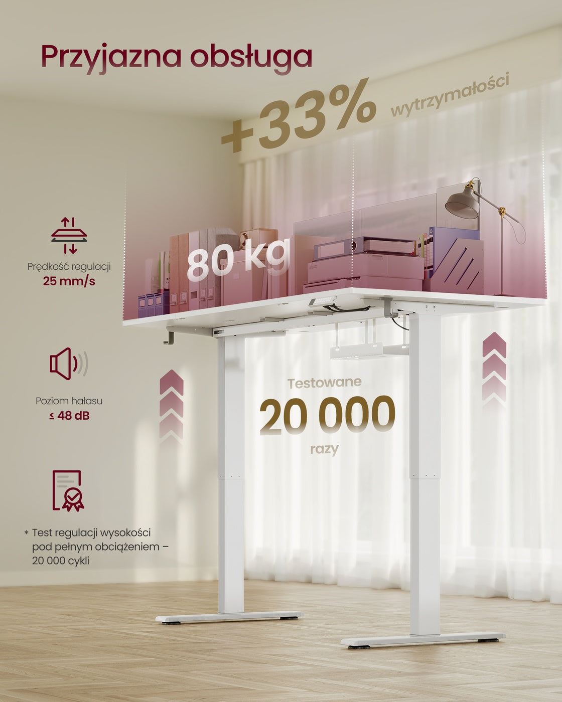 Regulowane biurko 180×80 cm białe z regulacją wysokości