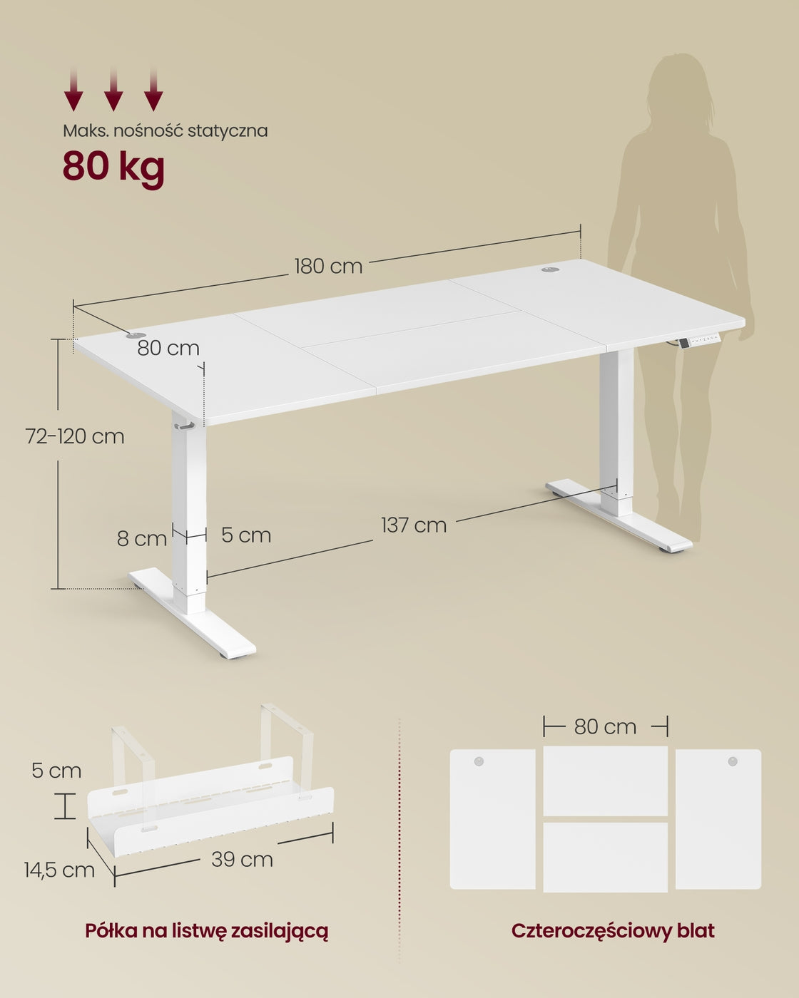 Regulowane biurko 180×80 cm białe z regulacją wysokości
