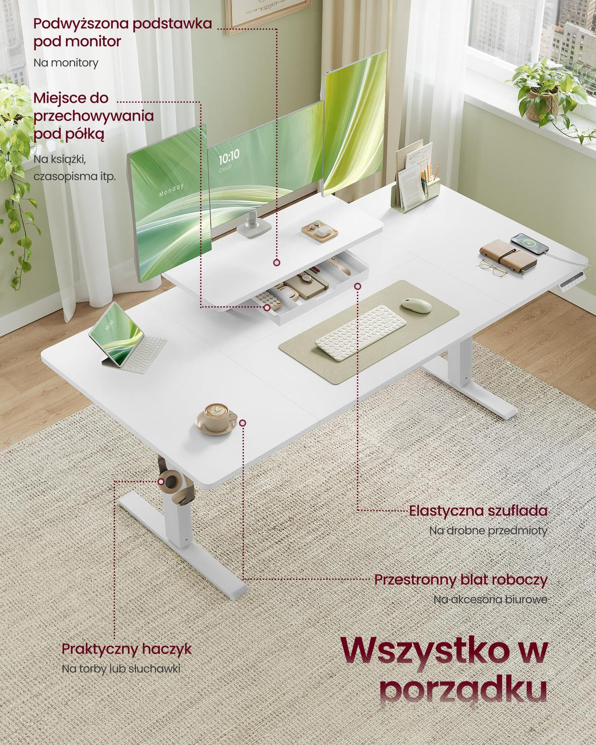 Elektryczne biurko regulowane 140x70 cm z szufladą białe