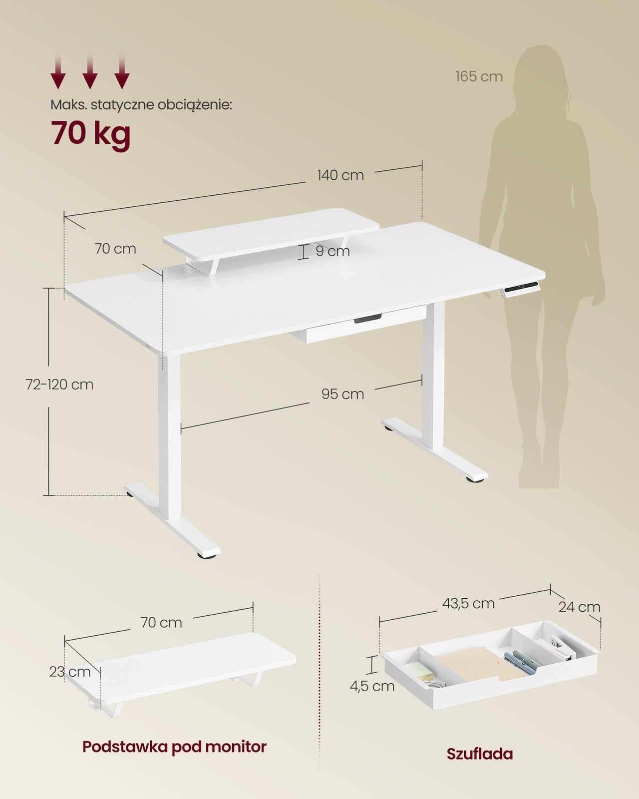 Elektryczne biurko regulowane 140x70 cm z szufladą białe