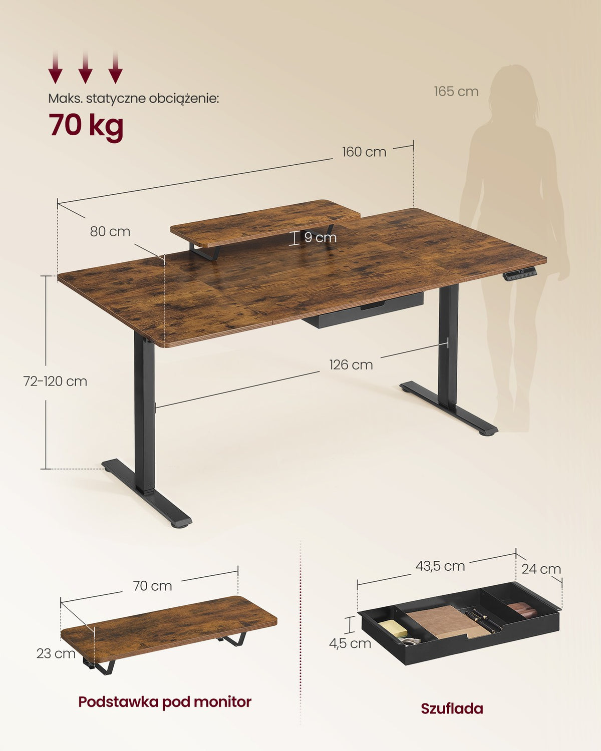 Elektryczne biurko regulowane 160x80 cm brązowe