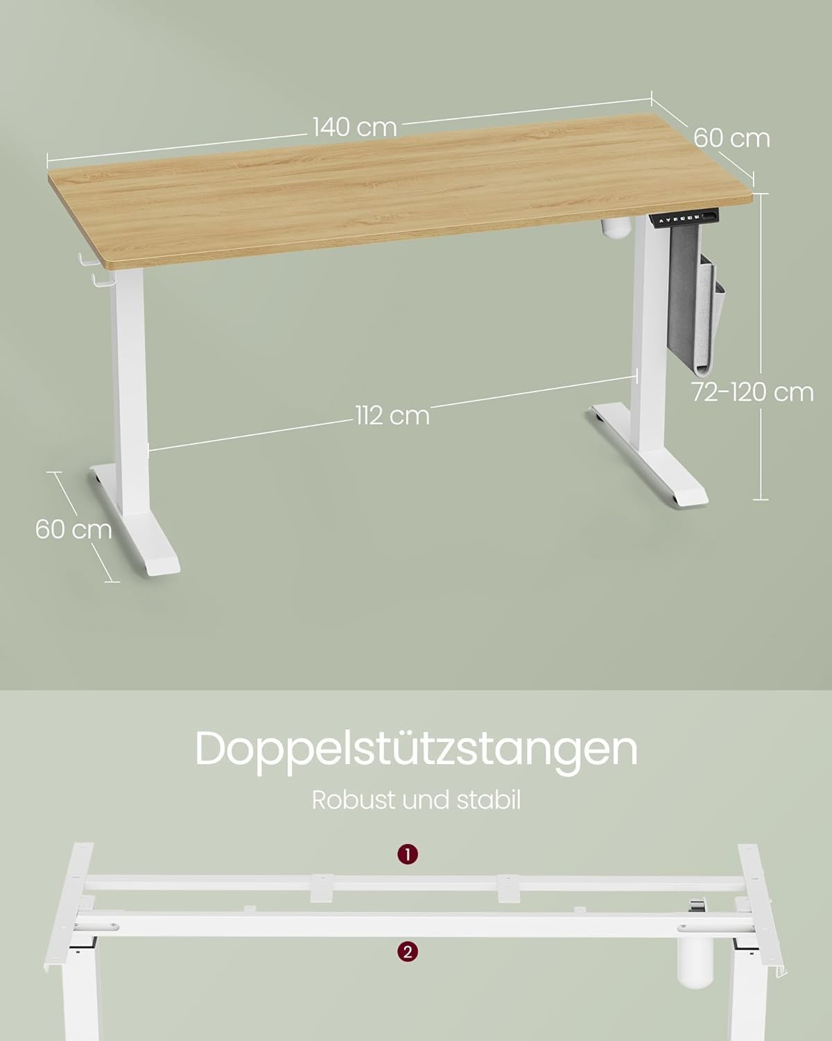 Biurko z regulacją wysokości, natural oak, 140 cm