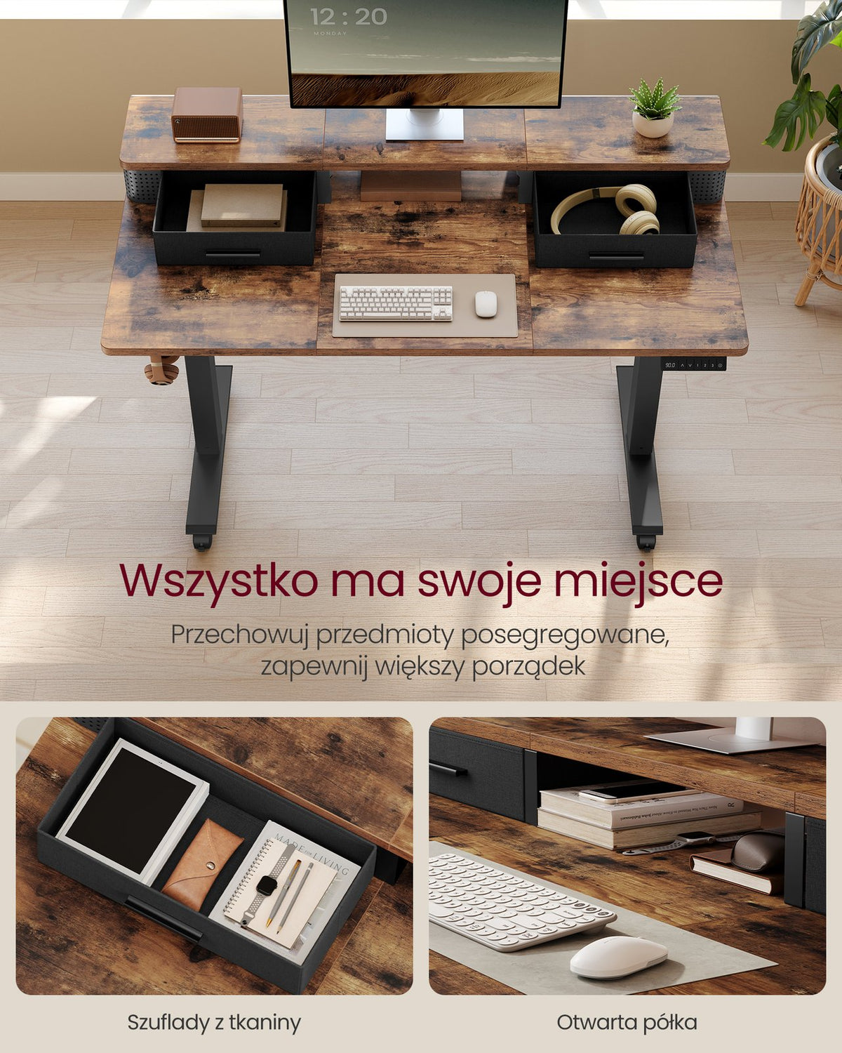 Biurko elektryczne z regulacją wysokości i stojakiem na monitor
