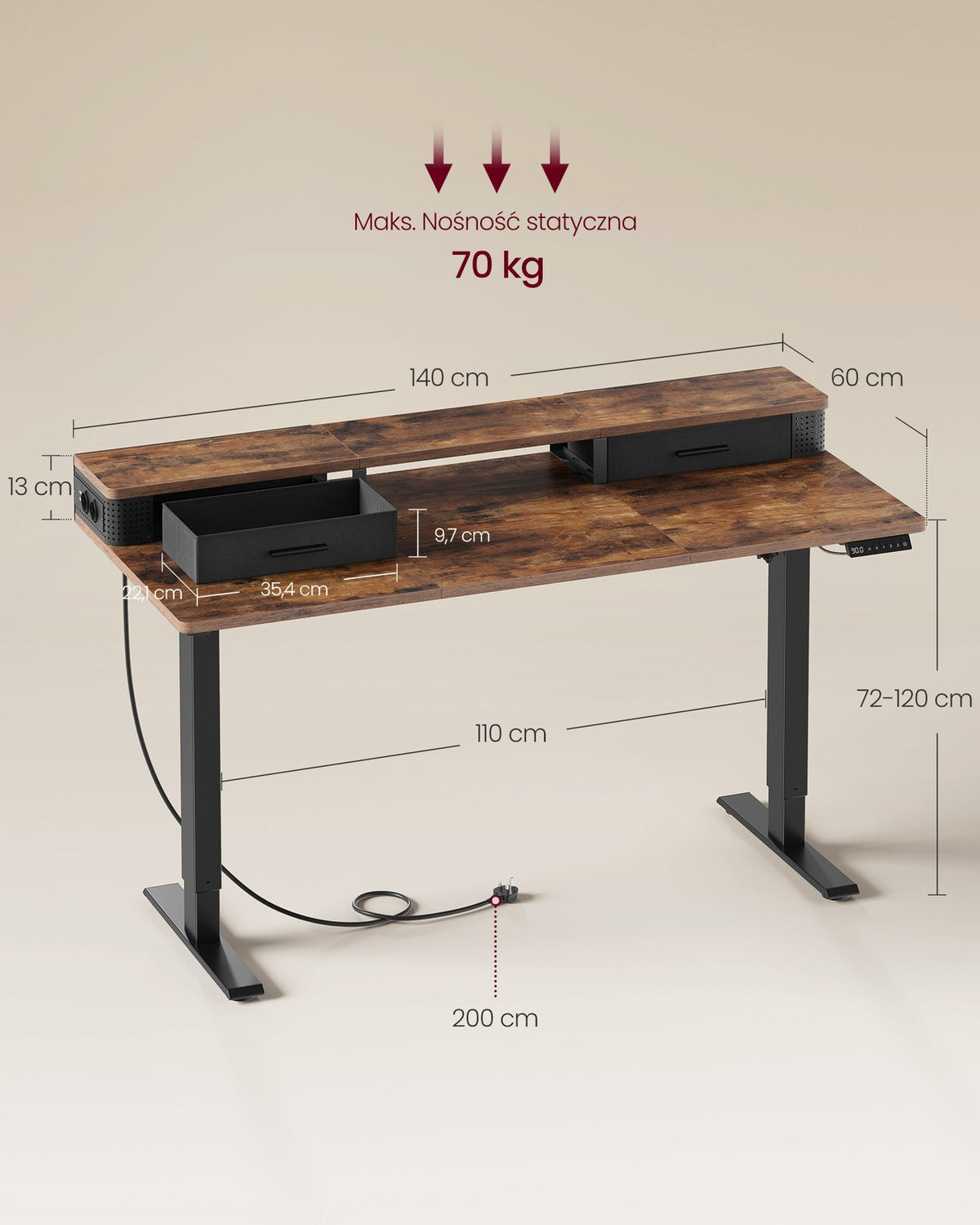 Regulowane biurko z elektrycznym podnoszeniem 140×60 cm