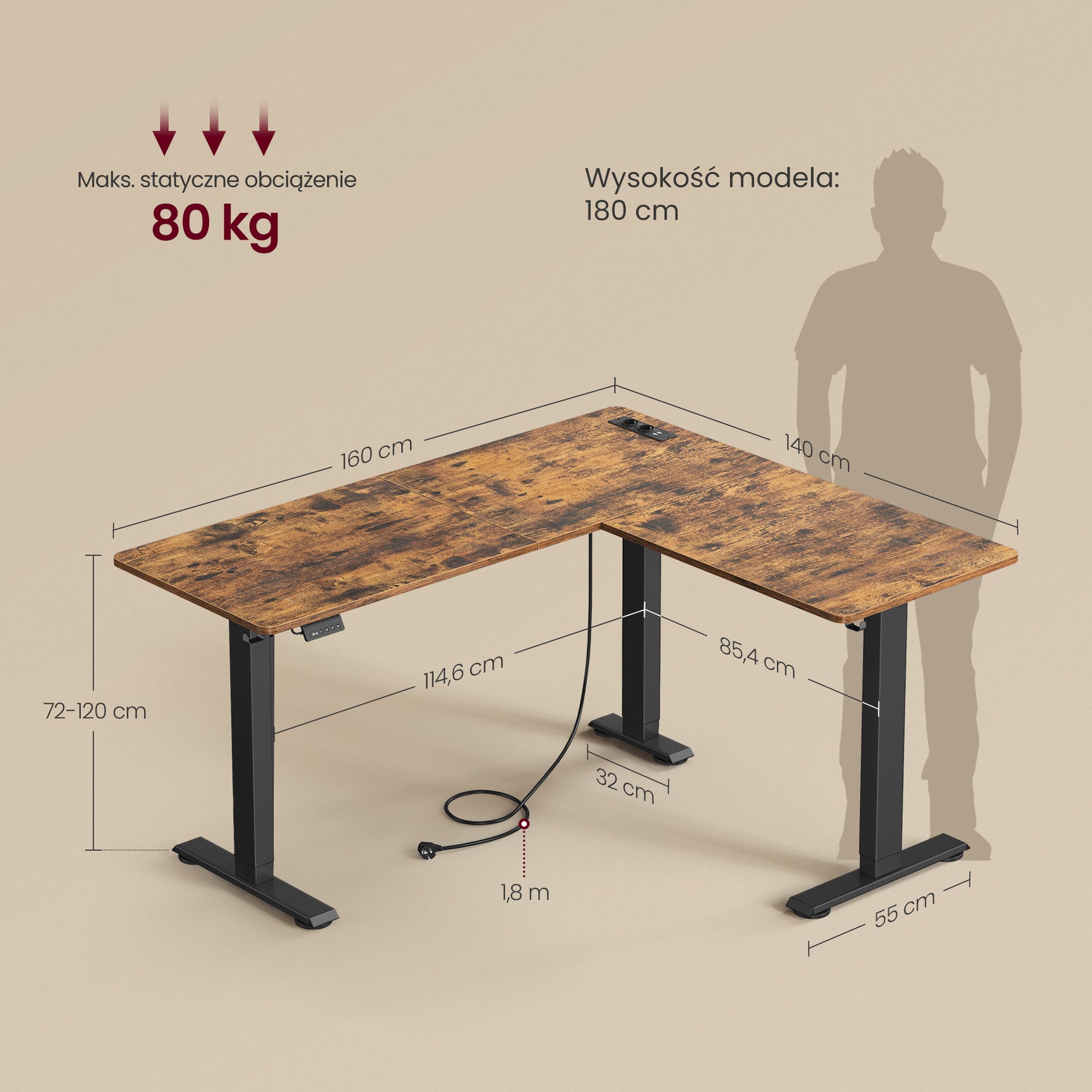 Narożne biurko elektryczne 140x160 cm z regulacją wysokości
