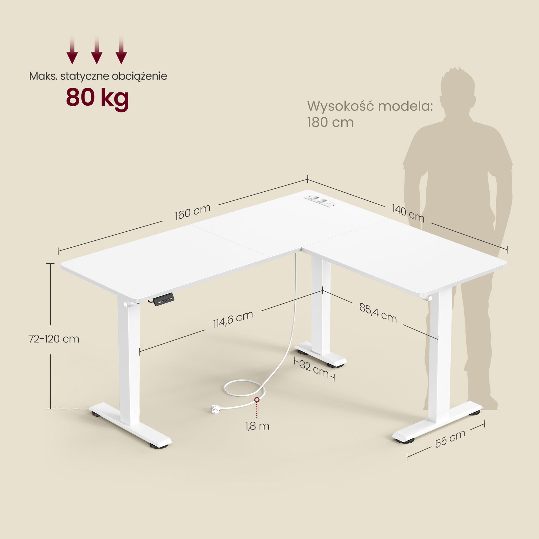 Elektryczne biurko narożne 140×160 cm białe matowe