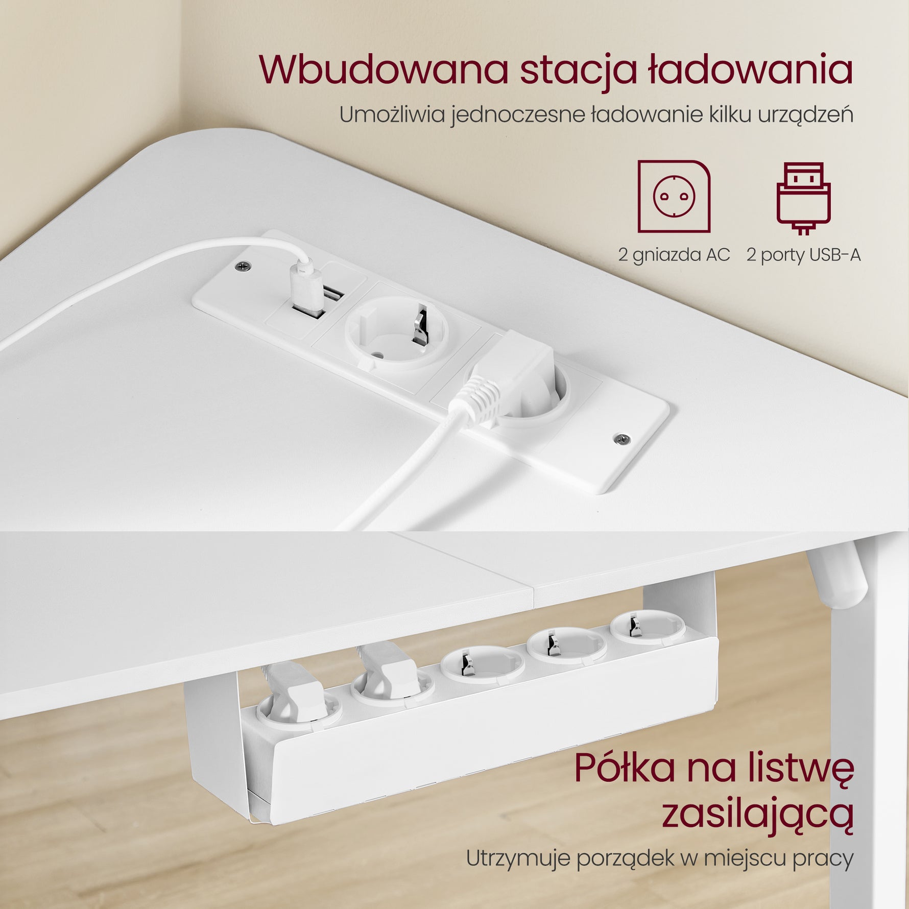 Elektryczne biurko narożne 140×160 cm białe matowe
