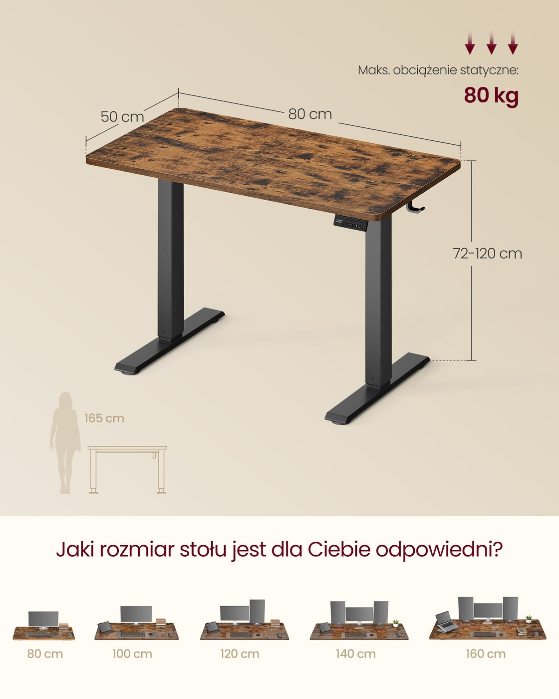 Elektryczne biurko z regulacją wysokości 80×50 cm